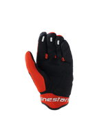 Alpinestars Mogress Airflow Gloves, rękawice motocyklowe, czarno-pomarańczowe, widok od strony dłoni przedstawiający czarną syntetyczną konstrukcję z pomarańczowymi wstawkami z siatki, silikonowe elementy na końcach palców, białe logo Alpinestars na mankiecie, miejski design na lato