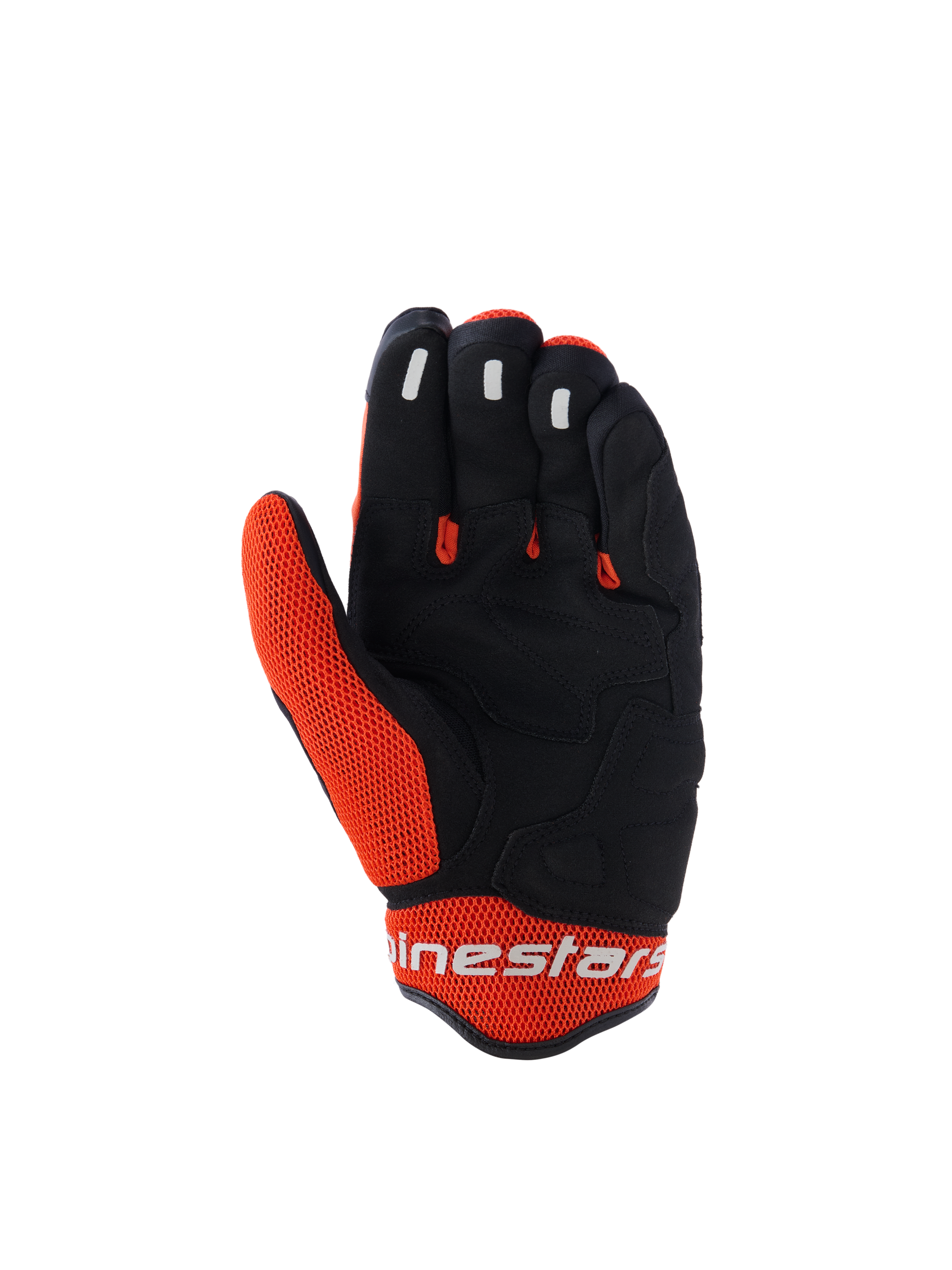 Alpinestars Mogress Airflow Gloves, rękawice motocyklowe, czarno-pomarańczowe, widok od strony dłoni przedstawiający czarną syntetyczną konstrukcję z pomarańczowymi wstawkami z siatki, silikonowe elementy na końcach palców, białe logo Alpinestars na mankiecie, miejski design na lato