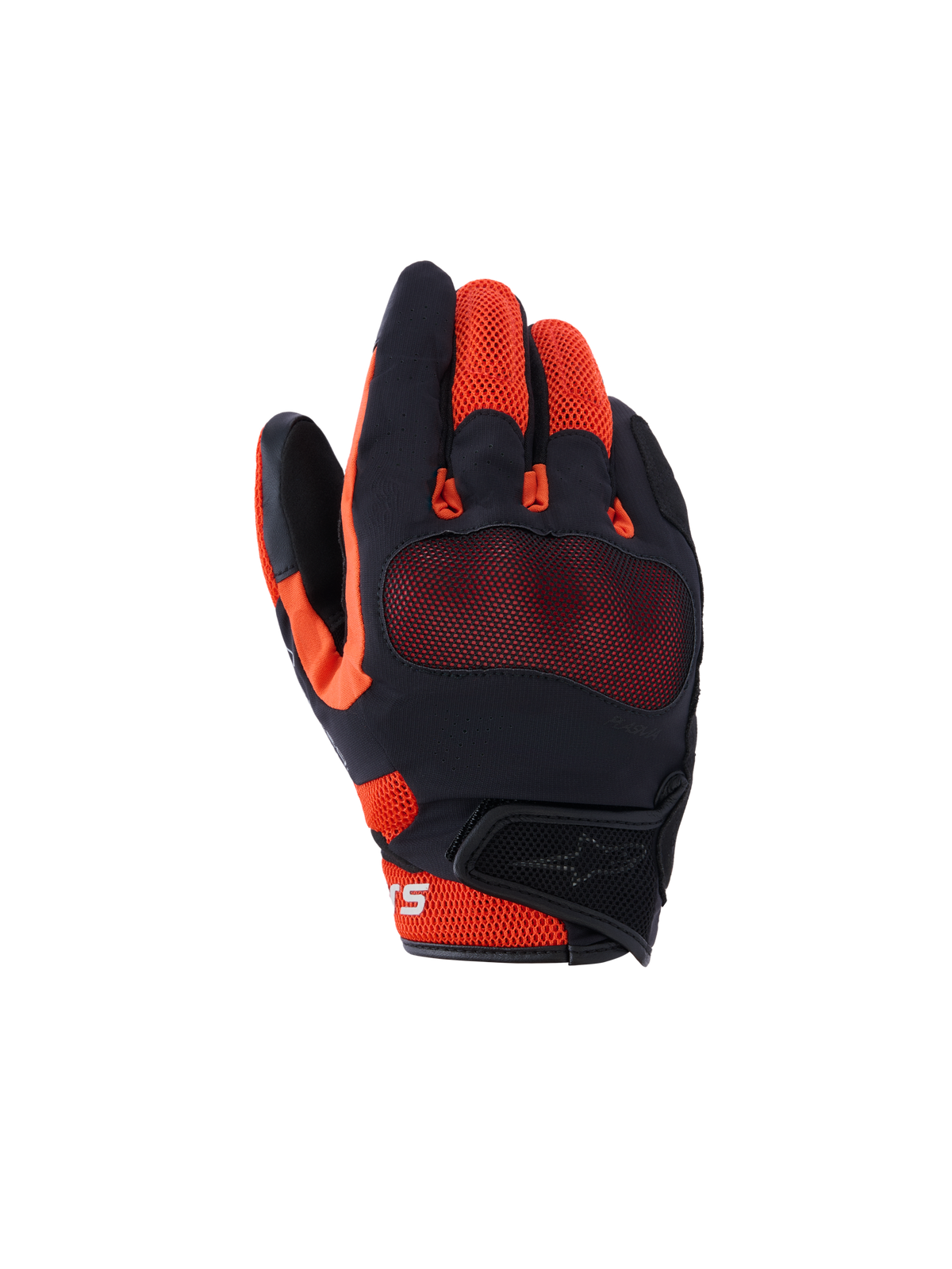 Rękawice Alpinestars Mogress Airflow, miejskie rękawice motocyklowe, czarne, czerwone i pomarańczowe, oddychająca konstrukcja z siatki 3D, widoczny ochraniacz kostek, krótki mankiet z zapięciem na rzep