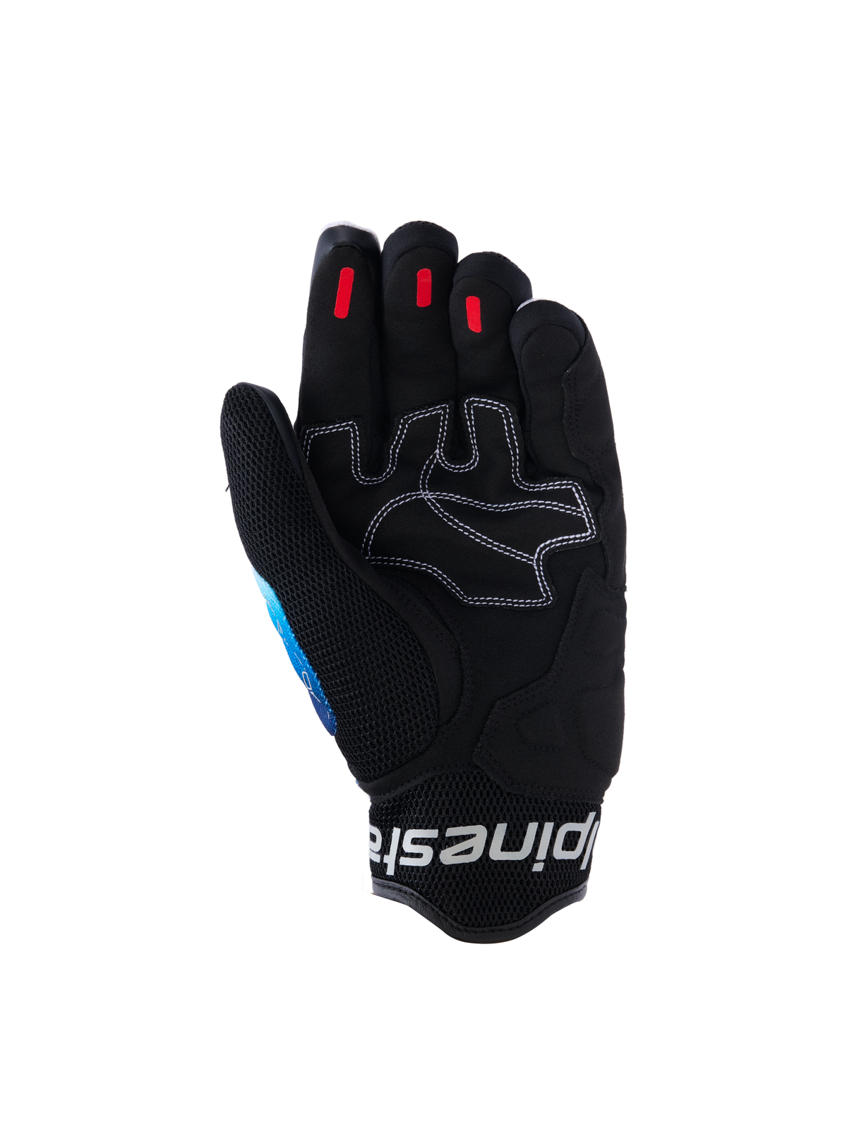 Rękawice Alpinestars Mogress Airflow, miejskie rękawice motocyklowe, Fading Blue Black, widok od strony dłoni z wzmocnionej skóry syntetycznej z białymi kontrastowymi szwami, czerwone silikonowe wstawki na opuszkach palców i czarny mankiet z siatki 3D z białym logo