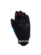 Rękawice Alpinestars Mogress Airflow, miejskie rękawice motocyklowe, Fading Blue Black, widok od strony dłoni z wzmocnionej skóry syntetycznej z białymi kontrastowymi szwami, czerwone silikonowe wstawki na opuszkach palców i czarny mankiet z siatki 3D z białym logo