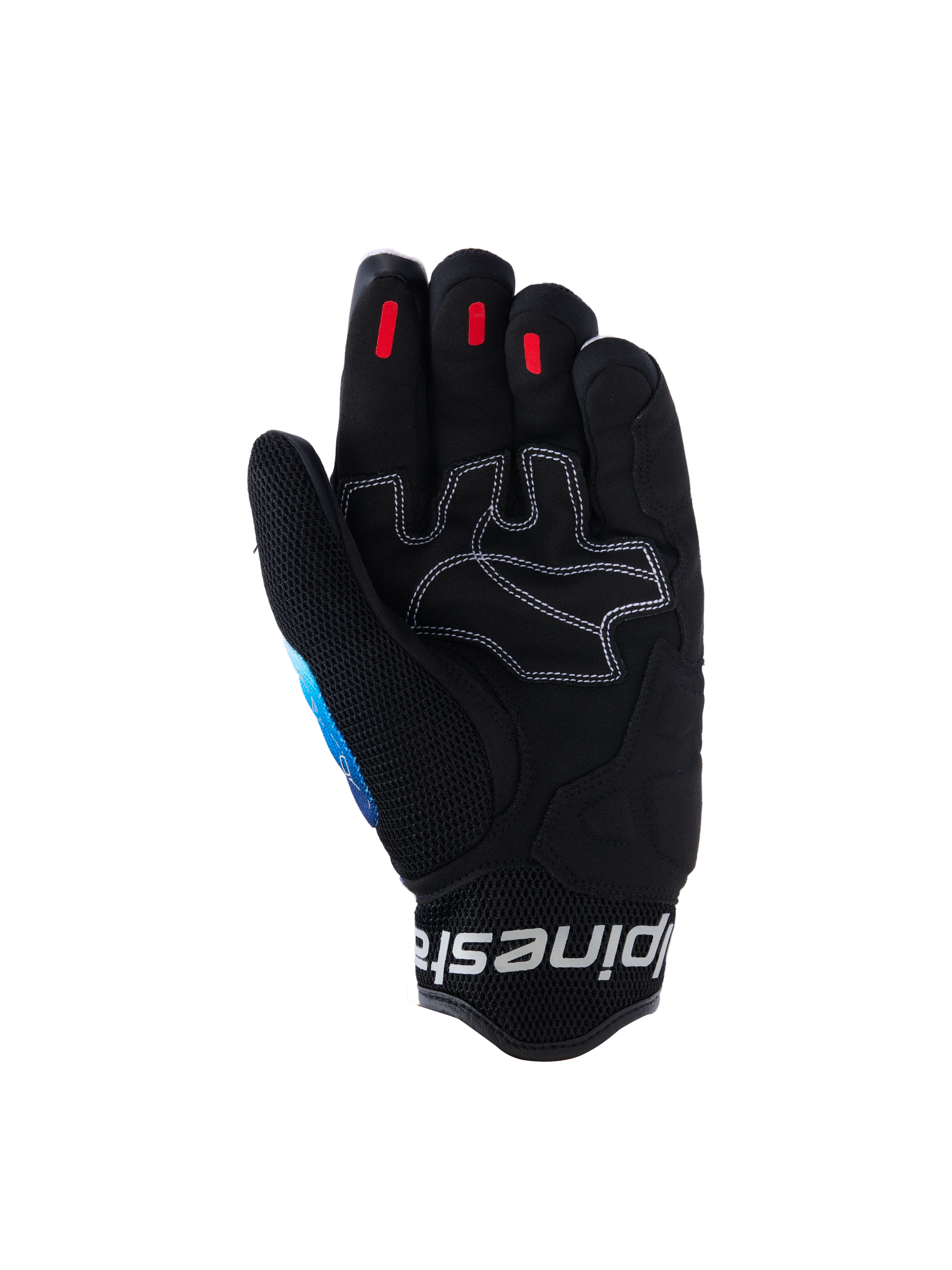 Rękawice Alpinestars Mogress Airflow, miejskie rękawice motocyklowe, Fading Blue Black, widok od strony dłoni z wzmocnionej skóry syntetycznej z białymi kontrastowymi szwami, czerwone silikonowe wstawki na opuszkach palców i czarny mankiet z siatki 3D z białym logo