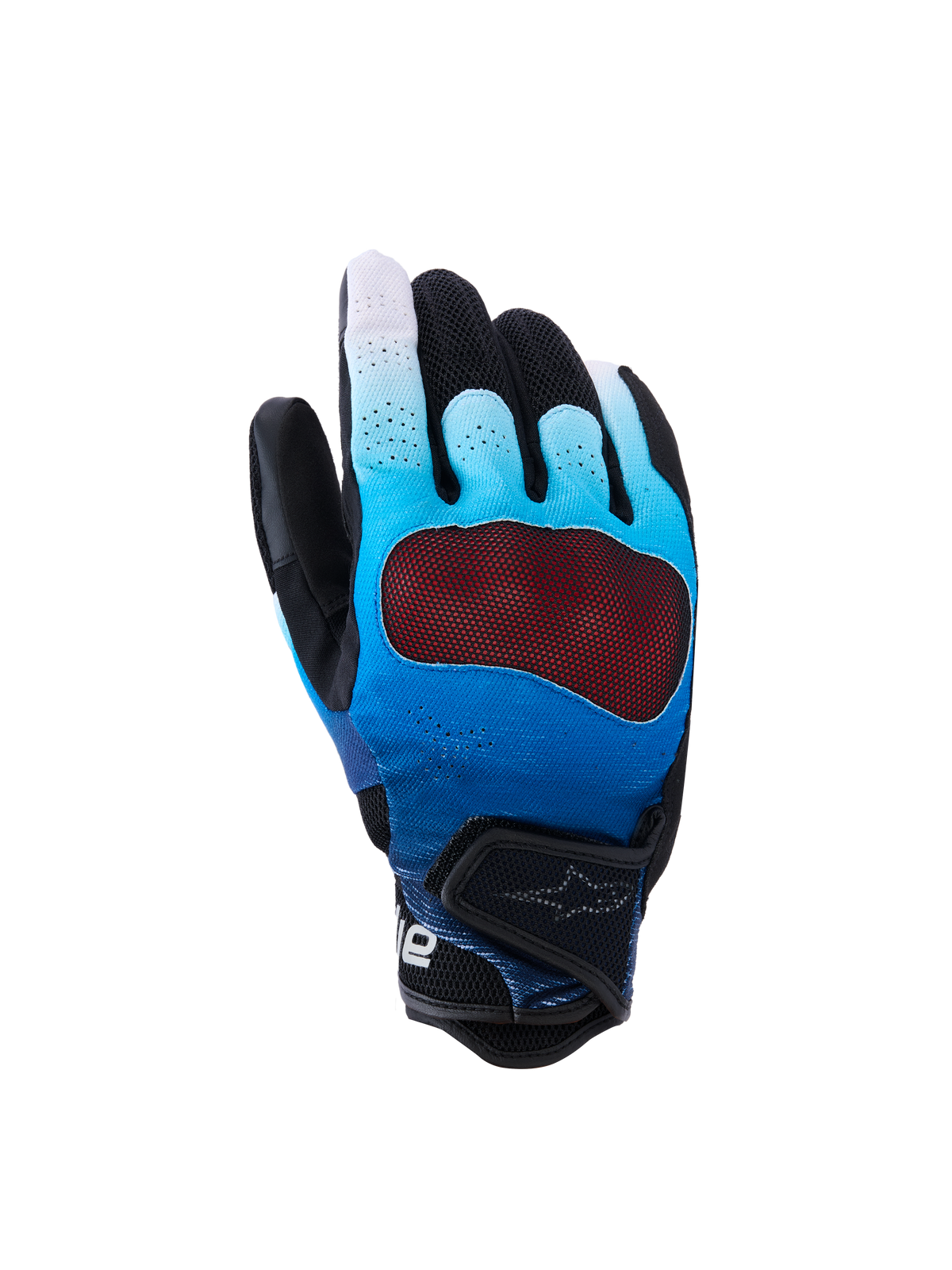 Alpinestars Mogress Airflow Gloves, rękawice motocyklowe, cieniowany niebieski i czarny, z czerwonym przezroczystym ochraniaczem kostek, oddychający perforowany grzbiet dłoni z panelami z siatki 3D, krótki mankiet z regulowanym paskiem, design do jazdy miejskiej