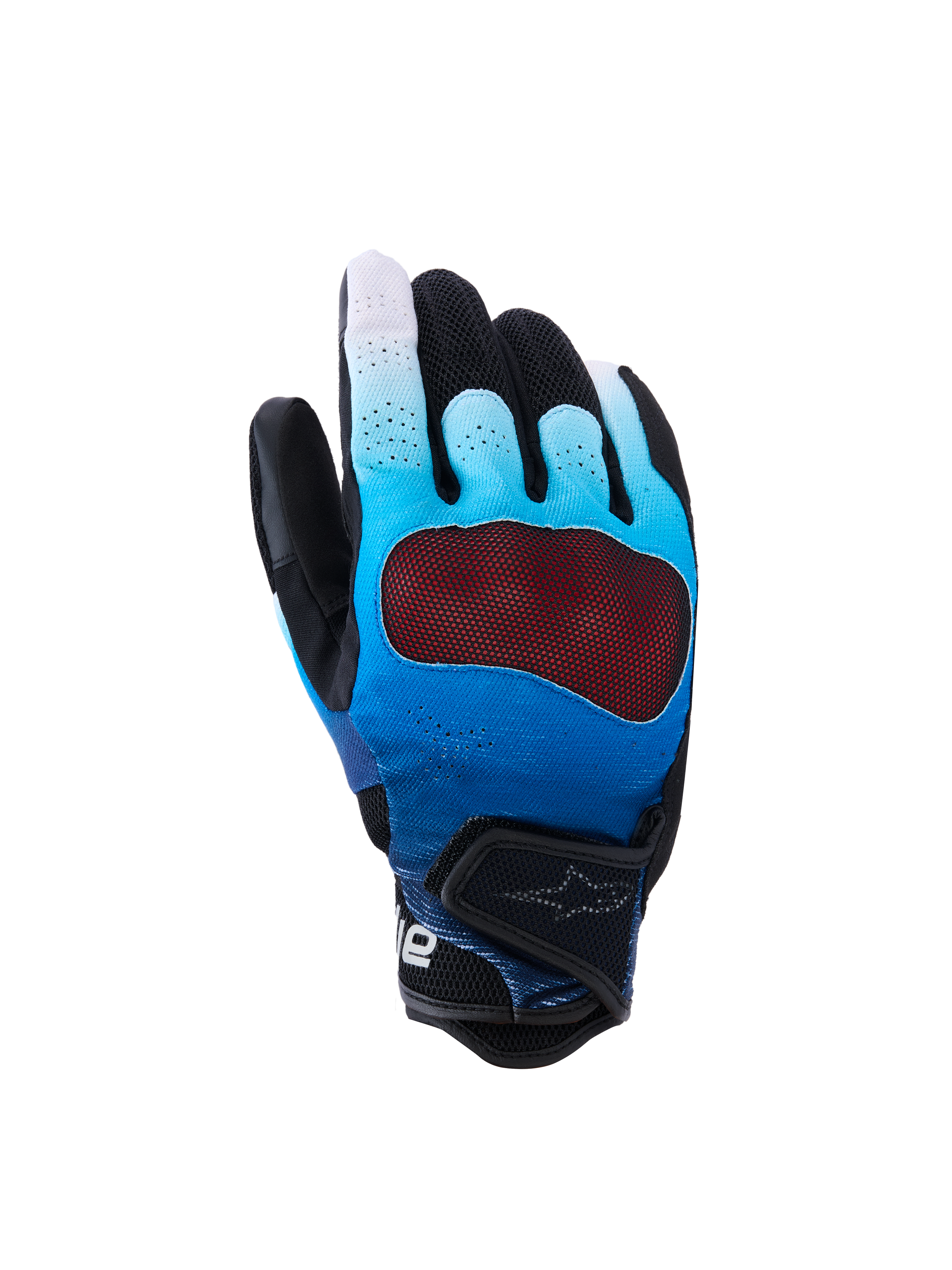 Alpinestars Mogress Airflow Gloves, rękawice motocyklowe, cieniowany niebieski i czarny, z czerwonym przezroczystym ochraniaczem kostek, oddychający perforowany grzbiet dłoni z panelami z siatki 3D, krótki mankiet z regulowanym paskiem, design do jazdy miejskiej