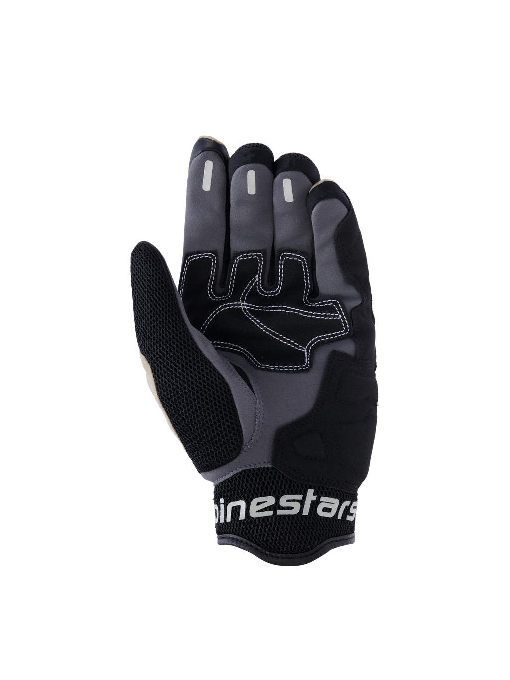 Alpinestars Mogress Airflow Gloves, miejskie rękawice motocyklowe, czarno-szare Aluminum Black, widok dłoni z syntetycznymi wzmocnieniami i białymi kontrastowymi szwami, silikonowe strefy chwytu na palcach oraz oddychający mankiet z siatki 3D z białym brandingiem Alpinestars
