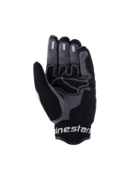 Alpinestars Mogress Airflow Gloves, miejskie rękawice motocyklowe, czarno-szare Aluminum Black, widok dłoni z syntetycznymi wzmocnieniami i białymi kontrastowymi szwami, silikonowe strefy chwytu na palcach oraz oddychający mankiet z siatki 3D z białym brandingiem Alpinestars