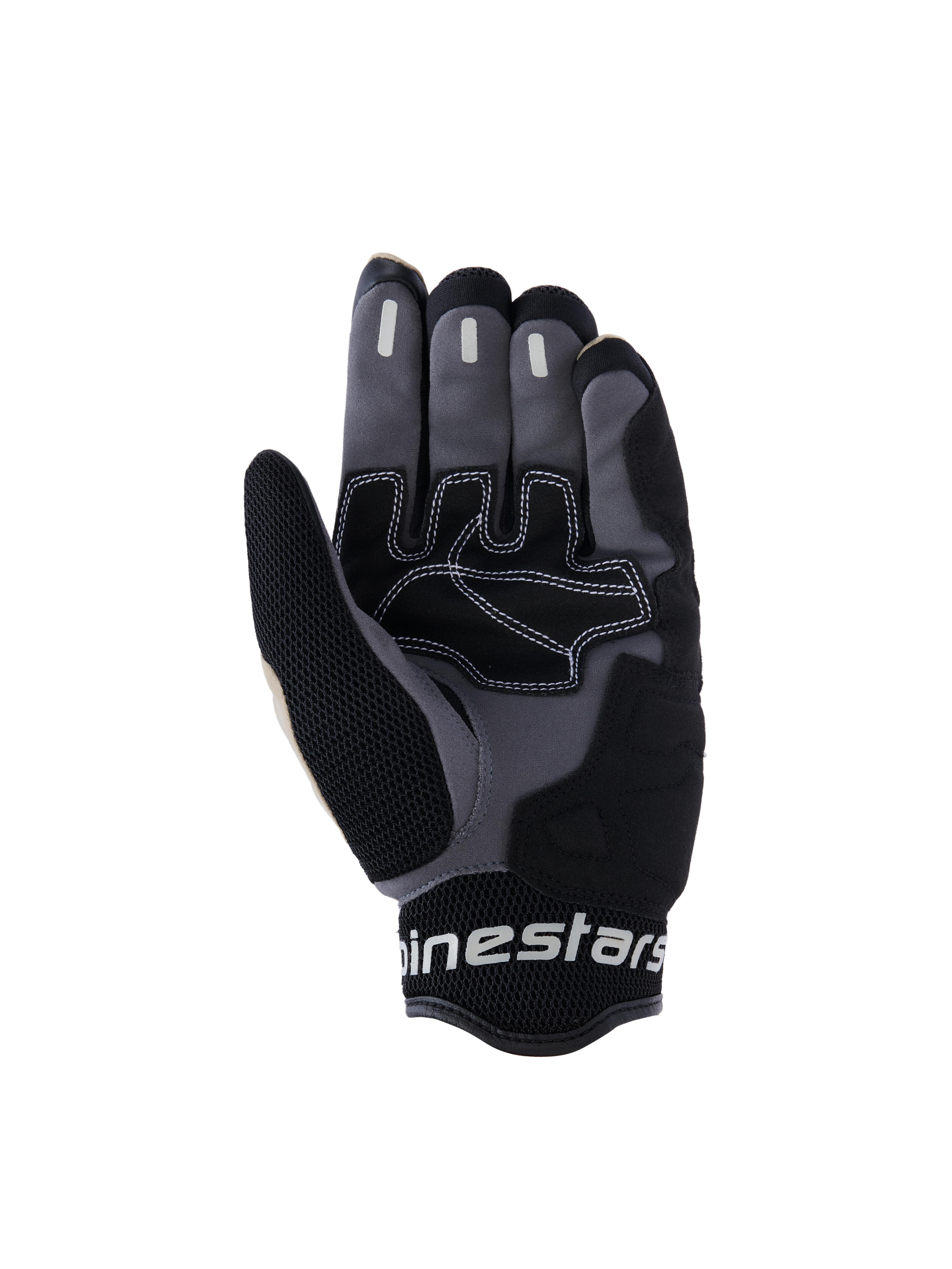 Alpinestars Mogress Airflow Gloves, miejskie rękawice motocyklowe, czarno-szare Aluminum Black, widok dłoni z syntetycznymi wzmocnieniami i białymi kontrastowymi szwami, silikonowe strefy chwytu na palcach oraz oddychający mankiet z siatki 3D z białym brandingiem Alpinestars
