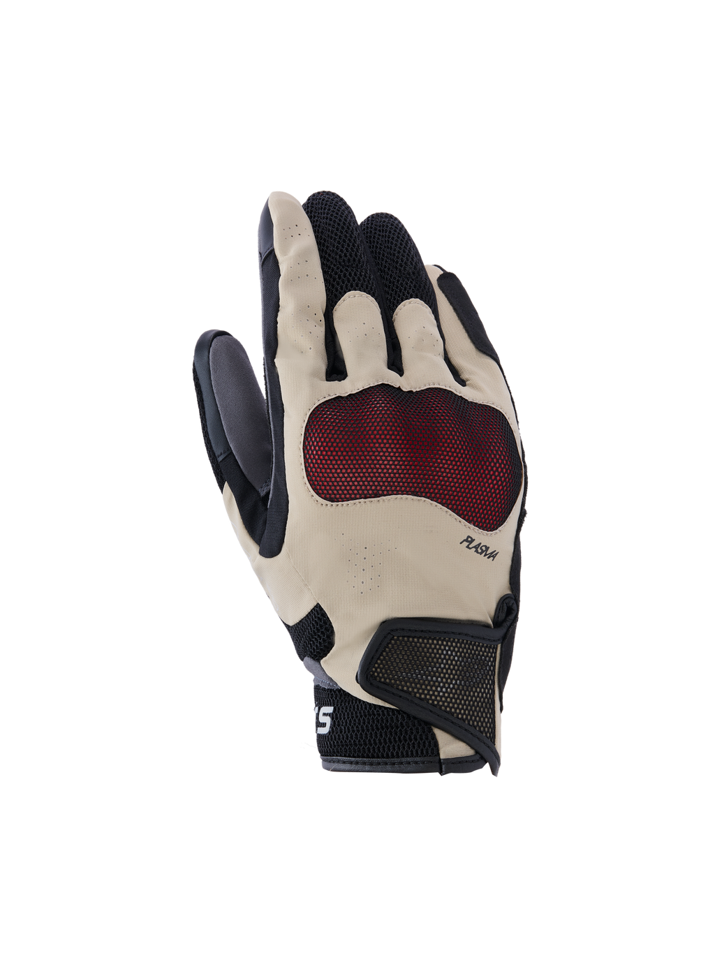 Rękawice Alpinestars Mogress Airflow, rękawice motocyklowe, beżowe, czarne i czerwone, wyposażone w czerwoną ochronę kostek Nucleon Plasma, laserowo perforowane palce, panele z siatki 3D zapewniające przepływ powietrza i krótki mankiet z paskiem na rzep