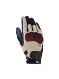 Rękawice Alpinestars Mogress Airflow, rękawice motocyklowe, beżowe, czarne i czerwone, wyposażone w czerwoną ochronę kostek Nucleon Plasma, laserowo perforowane palce, panele z siatki 3D zapewniające przepływ powietrza i krótki mankiet z paskiem na rzep