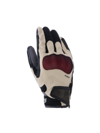 Rękawice Alpinestars Mogress Airflow, rękawice motocyklowe, beżowe, czarne i czerwone, wyposażone w czerwoną ochronę kostek Nucleon Plasma, laserowo perforowane palce, panele z siatki 3D zapewniające przepływ powietrza i krótki mankiet z paskiem na rzep
