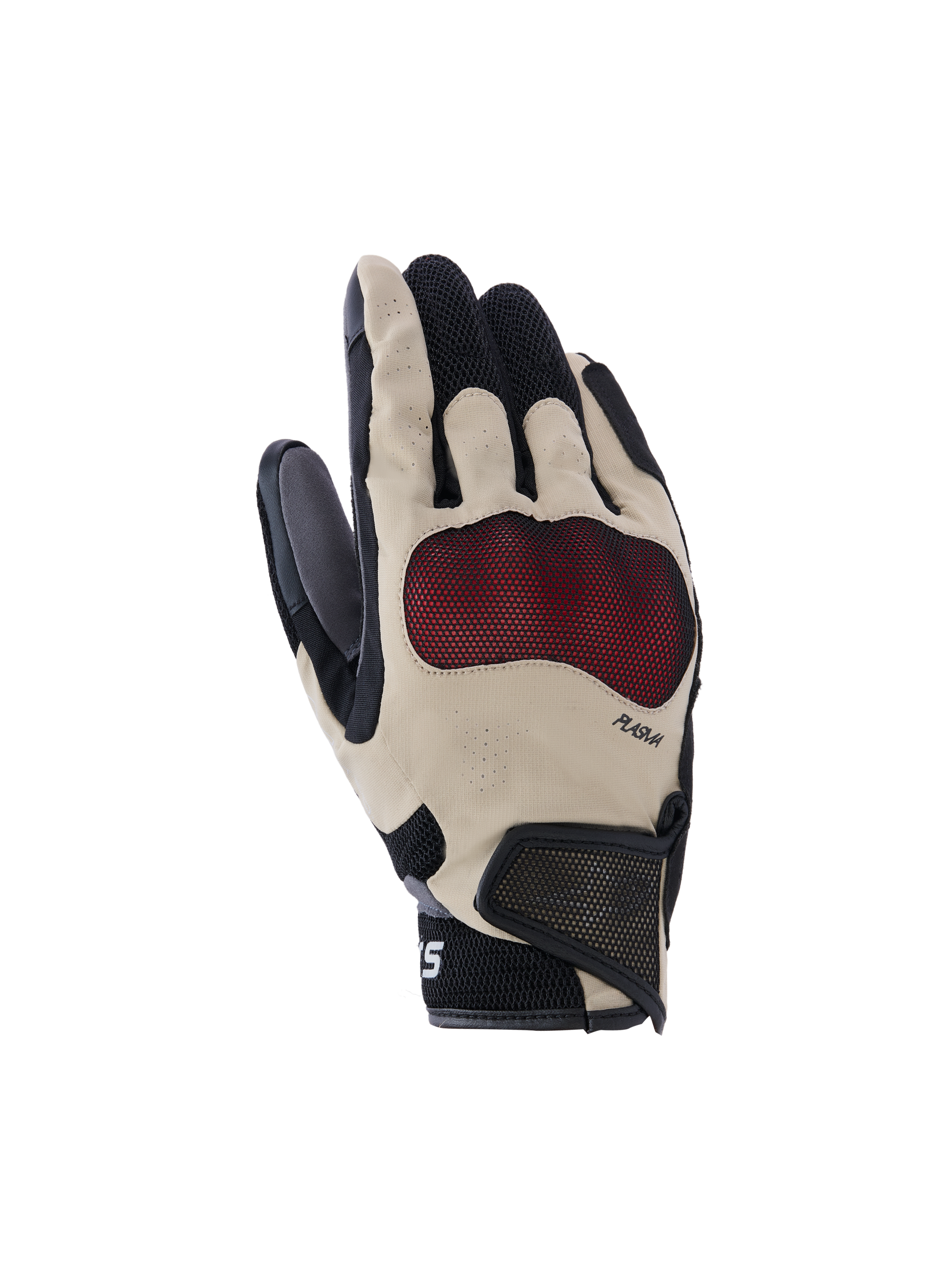Rękawice Alpinestars Mogress Airflow, rękawice motocyklowe, beżowe, czarne i czerwone, wyposażone w czerwoną ochronę kostek Nucleon Plasma, laserowo perforowane palce, panele z siatki 3D zapewniające przepływ powietrza i krótki mankiet z paskiem na rzep