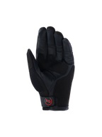 Alpinestars Manti Air Gloves, rękawice motocyklowe adventure, czarne, widok od strony dłoni z wzmocnioną skórzaną częścią, oddychająca siateczka na kciuku, czerwone okrągłe logo „AS” na zapięciu nadgarstka