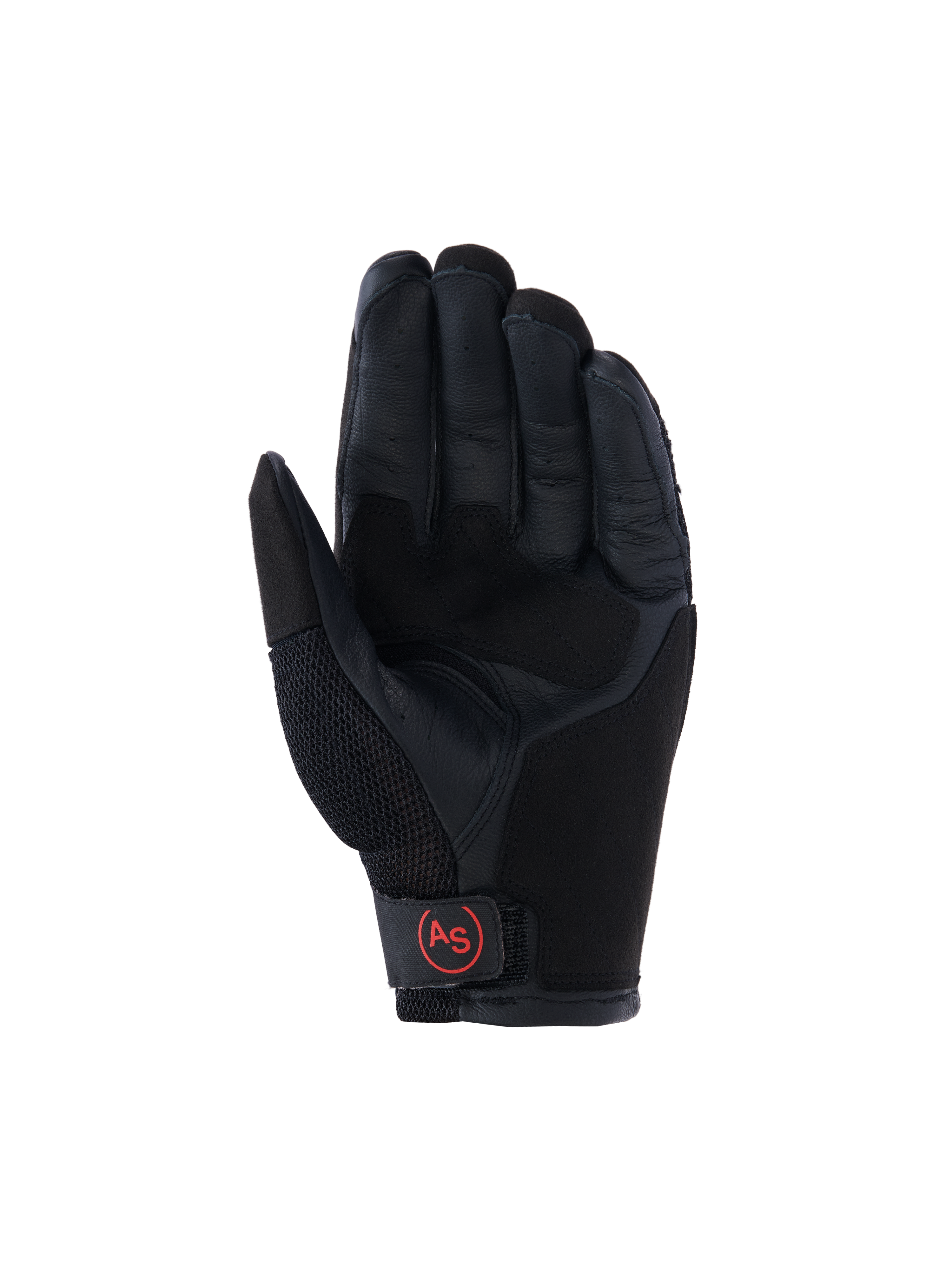 Alpinestars Manti Air Gloves, rękawice motocyklowe adventure, czarne, widok od strony dłoni z wzmocnioną skórzaną częścią, oddychająca siateczka na kciuku, czerwone okrągłe logo „AS” na zapięciu nadgarstka