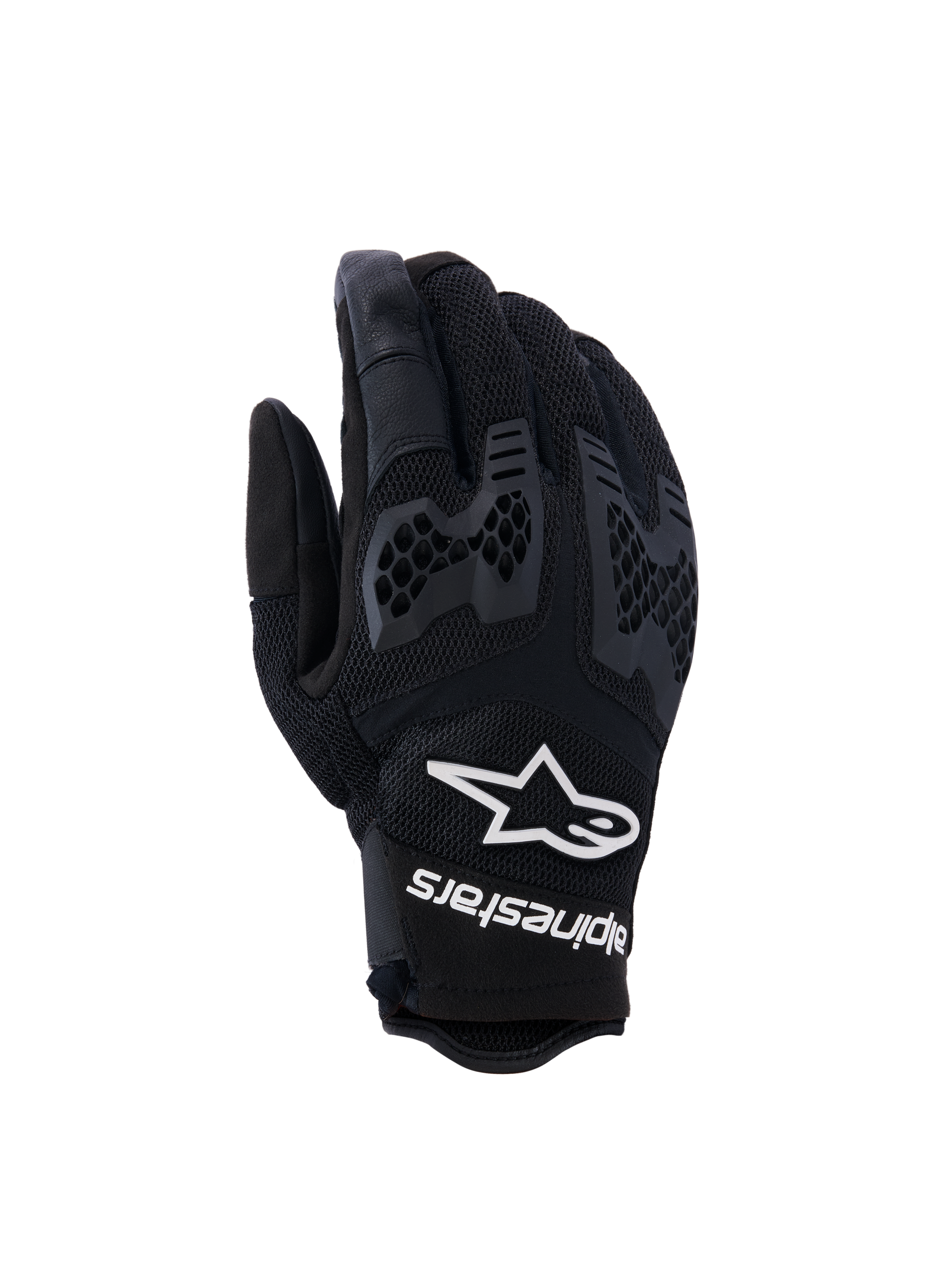 Alpinestars Manti Air Gloves, rękawice motocyklowe, czarne, z logo w kształcie gwiazdy, ochrona kostek, teksturowana powierzchnia, wentylacja typu plaster miodu, ergonomiczny design