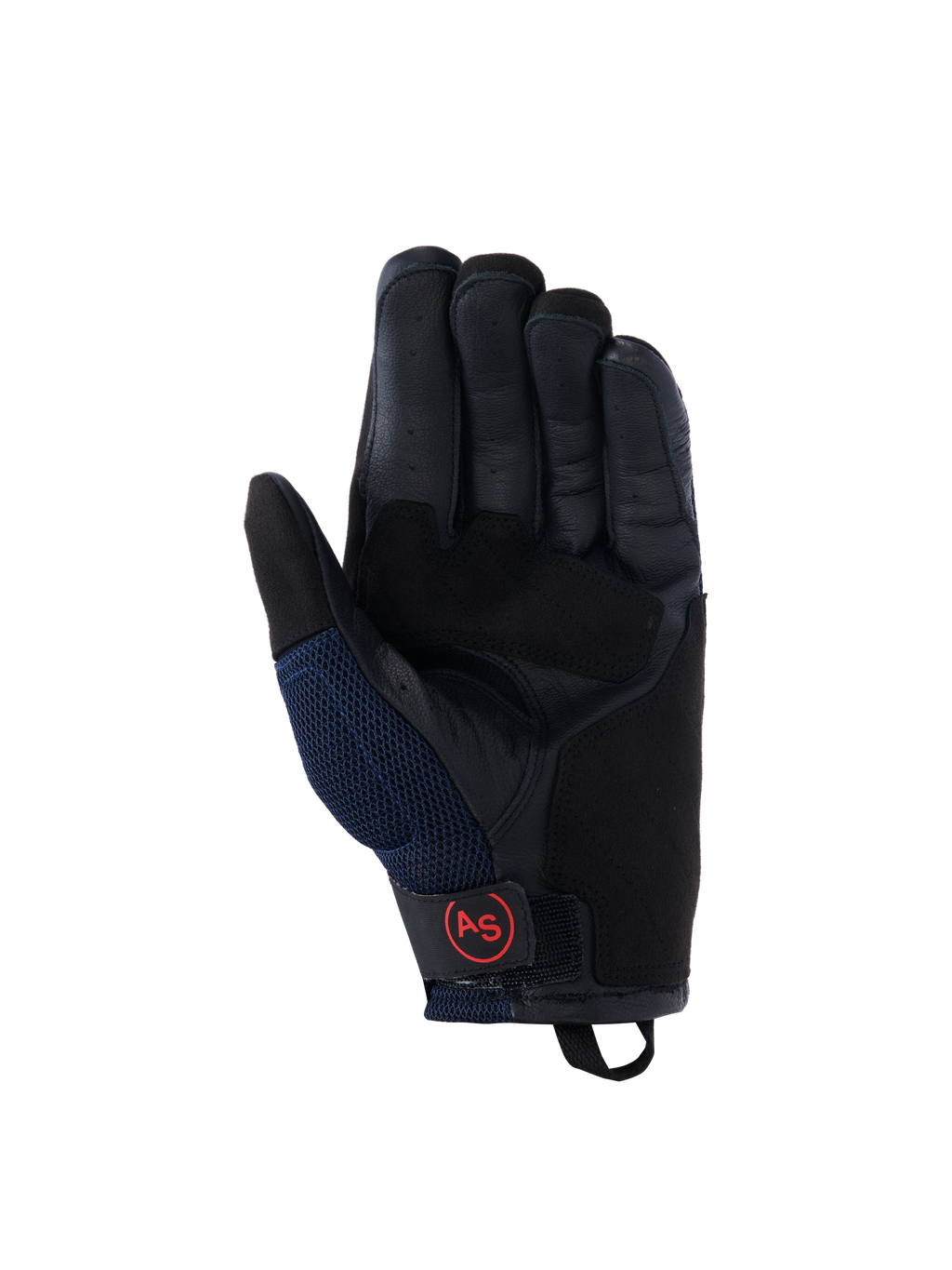 Alpinestars Manti Air Gloves, rękawice motocyklowe, granatowe i czarne, widok skórzanej dłoni z perforowanymi palcami, siateczkowe panele boczne i czerwone okrągłe logo AS na pasku przy nadgarstku, odzież do jazdy adventure