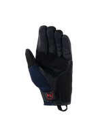 Alpinestars Manti Air Gloves, rękawice motocyklowe, granatowe i czarne, widok skórzanej dłoni z perforowanymi palcami, siateczkowe panele boczne i czerwone okrągłe logo AS na pasku przy nadgarstku, odzież do jazdy adventure