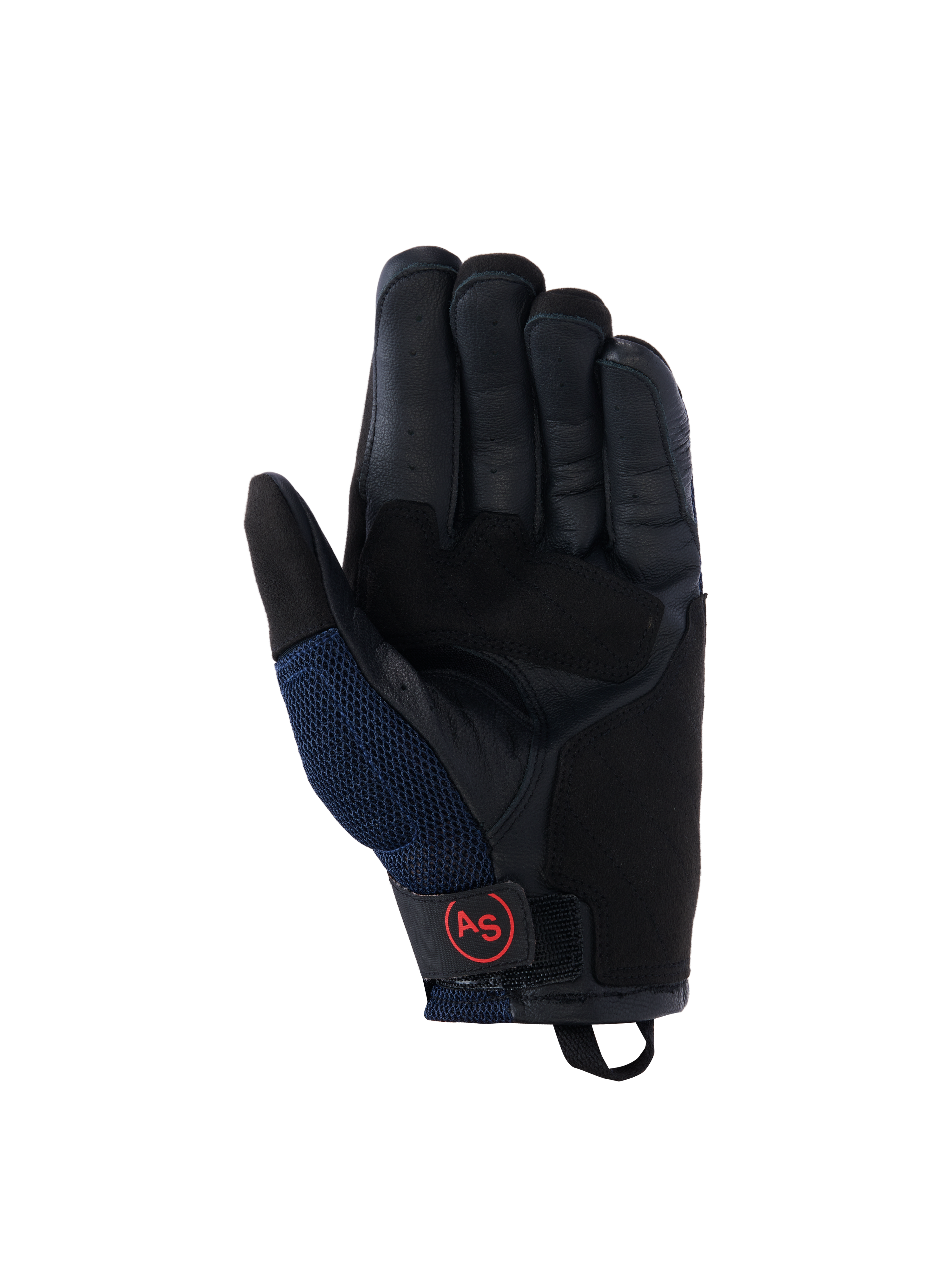 Alpinestars Manti Air Gloves, rękawice motocyklowe, granatowe i czarne, widok skórzanej dłoni z perforowanymi palcami, siateczkowe panele boczne i czerwone okrągłe logo AS na pasku przy nadgarstku, odzież do jazdy adventure
