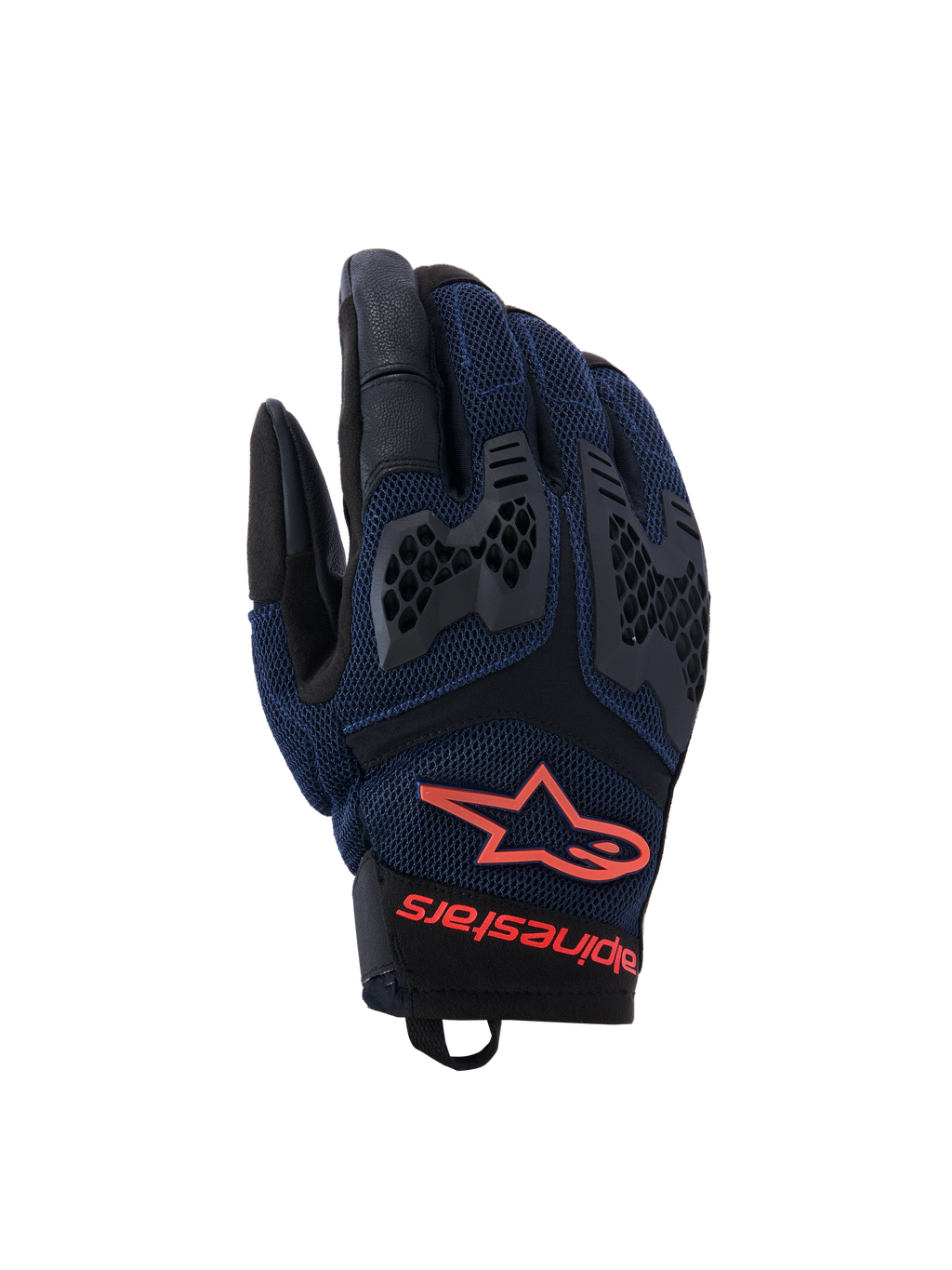 Rękawice Alpinestars Manti Air, rękawice motocyklowe, ciemnoniebieskie i czarne z neonowymi czerwonymi akcentami, oddychająca konstrukcja z siatki, ochraniacze kostek TPU o strukturze plastra miodu, logo gwiazdy i napis Alpinestars na nadgarstku, do letniej jazdy adventure