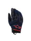 Rękawice Alpinestars Manti Air, rękawice motocyklowe, ciemnoniebieskie i czarne z neonowymi czerwonymi akcentami, oddychająca konstrukcja z siatki, ochraniacze kostek TPU o strukturze plastra miodu, logo gwiazdy i napis Alpinestars na nadgarstku, do letniej jazdy adventure