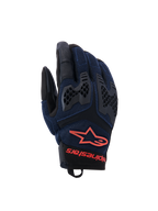 Rękawice Alpinestars Manti Air, rękawice motocyklowe, ciemnoniebieskie i czarne z neonowymi czerwonymi akcentami, oddychająca konstrukcja z siatki, ochraniacze kostek TPU o strukturze plastra miodu, logo gwiazdy i napis Alpinestars na nadgarstku, do letniej jazdy adventure