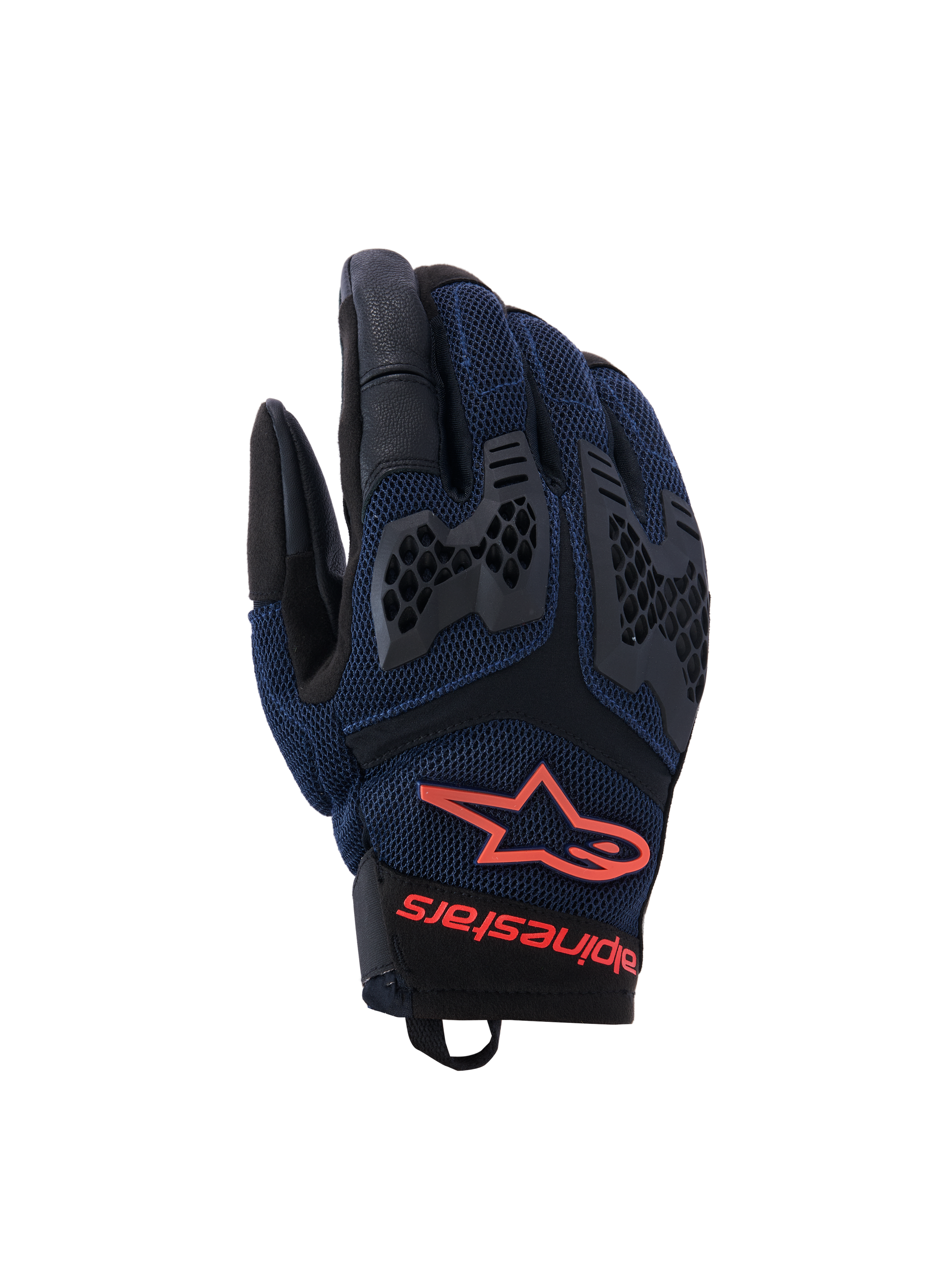 Rękawice Alpinestars Manti Air, rękawice motocyklowe, ciemnoniebieskie i czarne z neonowymi czerwonymi akcentami, oddychająca konstrukcja z siatki, ochraniacze kostek TPU o strukturze plastra miodu, logo gwiazdy i napis Alpinestars na nadgarstku, do letniej jazdy adventure