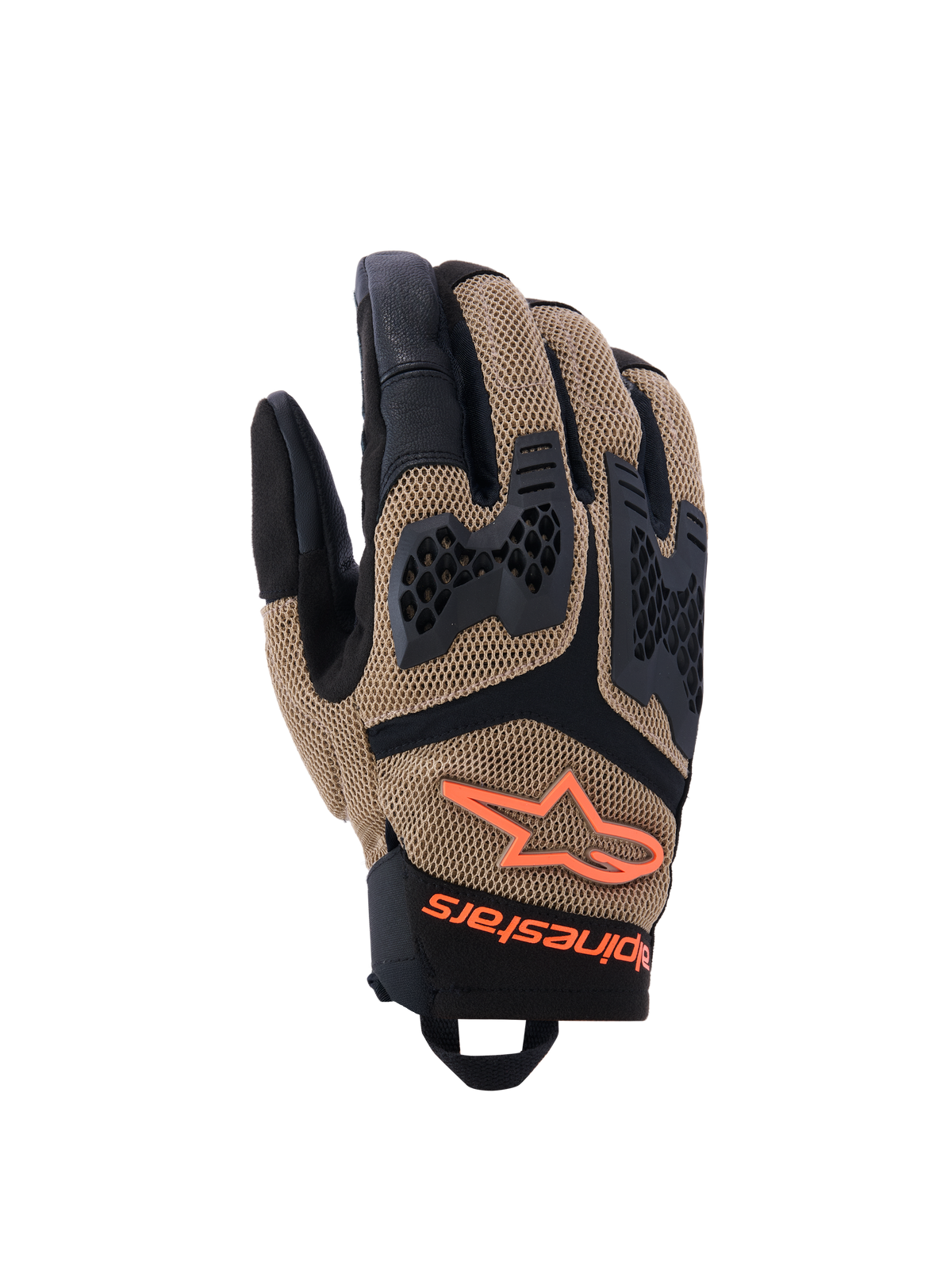 Alpinestars Manti Air Gloves, rękawice motocyklowe, kolor ciemne khaki i czarny z akcentami Orange Fluo, konstrukcja z elastycznej siatki 3D, wtryskiwane ochraniacze kostek o perforowanej konstrukcji, pomarańczowe logo gwiazdy i bezpieczne zapięcie na nadgarstku, zaprojektowane do letniej jazdy adventure i szosowej
