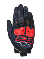 MM93 Spx 1 Gloves, Motorcycle Racing Gloves, Black with Bright Red and White accents, Red protective knuckle guards, featuring the Marc Marquez 93 logo and Alpinestars branding, textured fabric with a sporty performance design