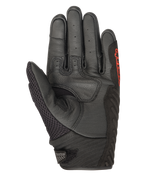 Alpinestars SMX-1 Air V2 Gloves, Black and Red Fluo, Palm view showing perforated leather, mesh thumb panel, reinforced grip zones, and red branding, designed for summer motorcycle road riding