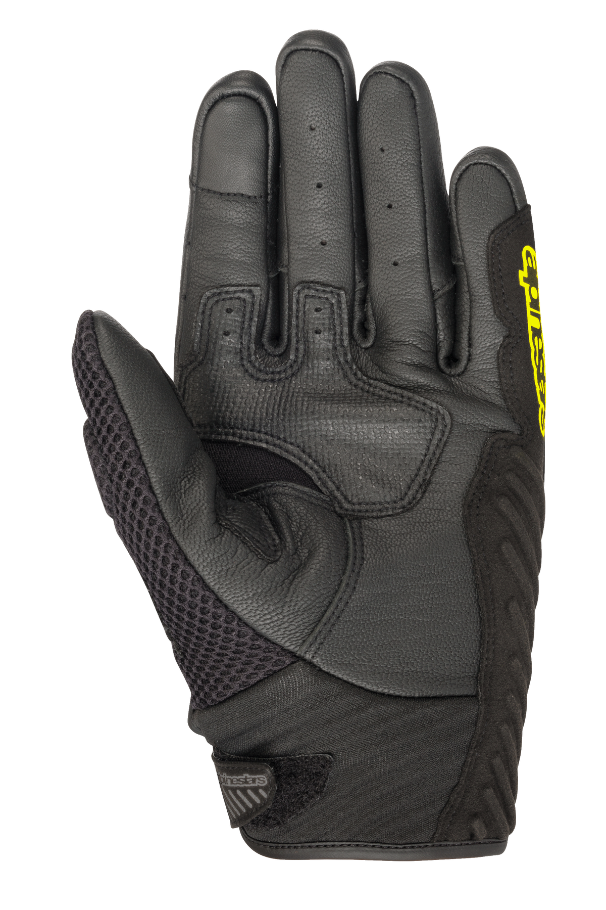 Alpinestars SMX-1 Air V2 Gloves, Short-Cuff Motorcycle Gloves, Black and Yellow Fluo, palm view featuring perforated leather fingers, mesh thumb panel, and reinforced grip zone, designed for summer road riding