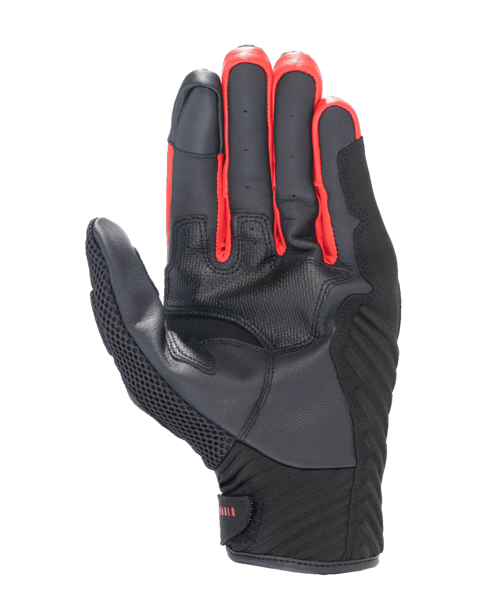 Alpinestars FQ20 SMX-1 Air V2 Monster Gloves, widok od strony dłoni, konstrukcja z czarnej skóry i siatki z czerwonymi akcentami między palcami, krótkie rękawice motocyklowe do jazdy ulicznej i miejskiej