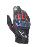 Alpinestars FQ20 SMX-1 Air V2 Monster, sportowe rękawice motocyklowe, czarne z czerwonymi i niebieskimi akcentami, niebieski twardy ochraniacz kostek, panele wentylacyjne z siateczki, grafika Fabio Quartararo, logo Monster Energy na palcu wskazującym