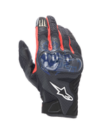 Alpinestars FQ20 SMX-1 Air V2 Monster, sportowe rękawice motocyklowe, czarne z czerwonymi i niebieskimi akcentami, niebieski twardy ochraniacz kostek, panele wentylacyjne z siateczki, grafika Fabio Quartararo, logo Monster Energy na palcu wskazującym