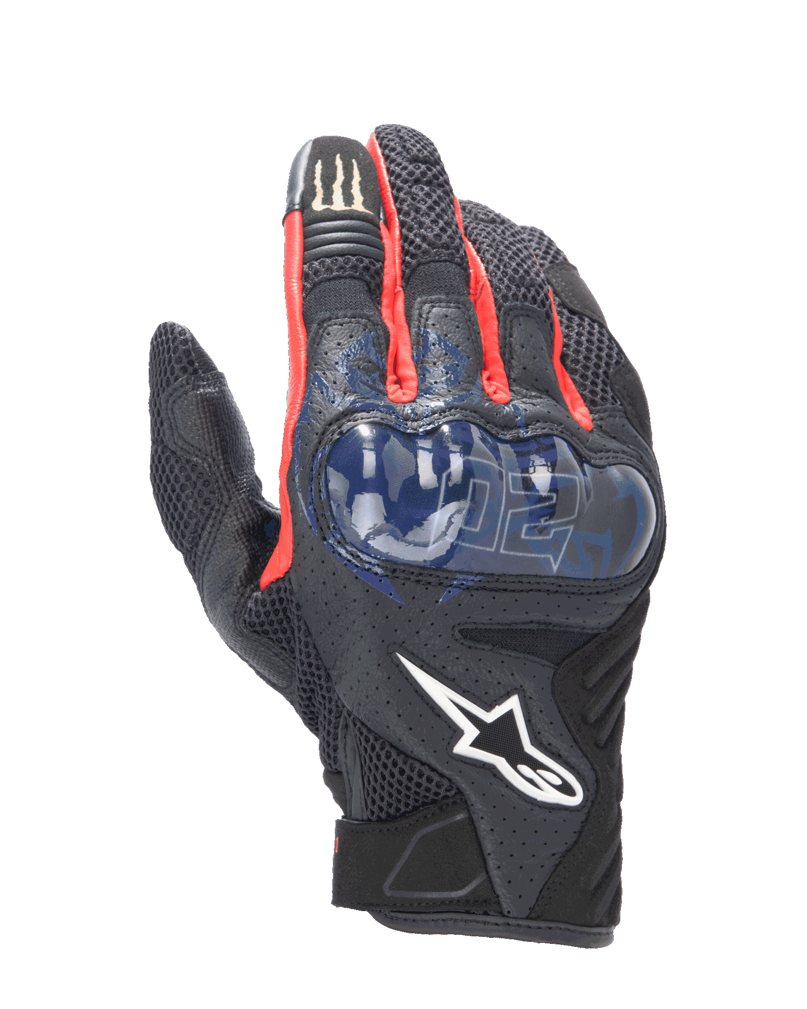 Alpinestars FQ20 SMX-1 Air V2 Monster, sportowe rękawice motocyklowe, czarne z czerwonymi i niebieskimi akcentami, niebieski twardy ochraniacz kostek, panele wentylacyjne z siateczki, grafika Fabio Quartararo, logo Monster Energy na palcu wskazującym