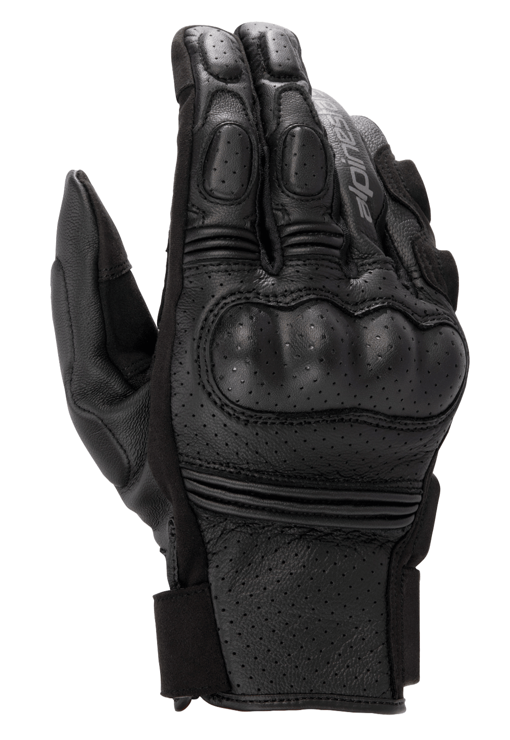 Alpinestars Phenom Leather Air Gloves, czarne rękawice motocyklowe, konstrukcja z perforowanej skóry koziej, zintegrowany twardy ochraniacz kostek, elastyczne wstawki akordeonowe na palcach, krótkie zapięcie mankietu