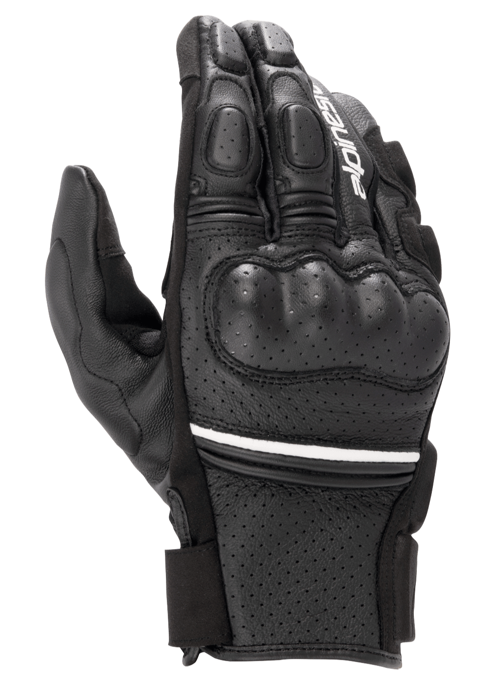 Alpinestars Phenom Leather Air Gloves, krótkie rękawice motocyklowe, czarne z cienkim białym paskiem, wykonane z perforowanej skóry koziej, twardy ochraniacz kostek, wyściełane palce