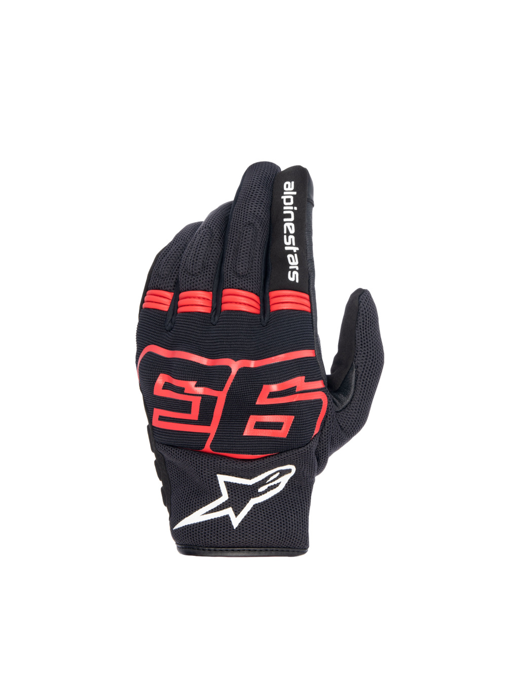 Alpinestars rękawice MM93 Losail V2, czarne i czerwone fluo, miejskie, z twardą ochroną kostek i logo Marc Marquez 93