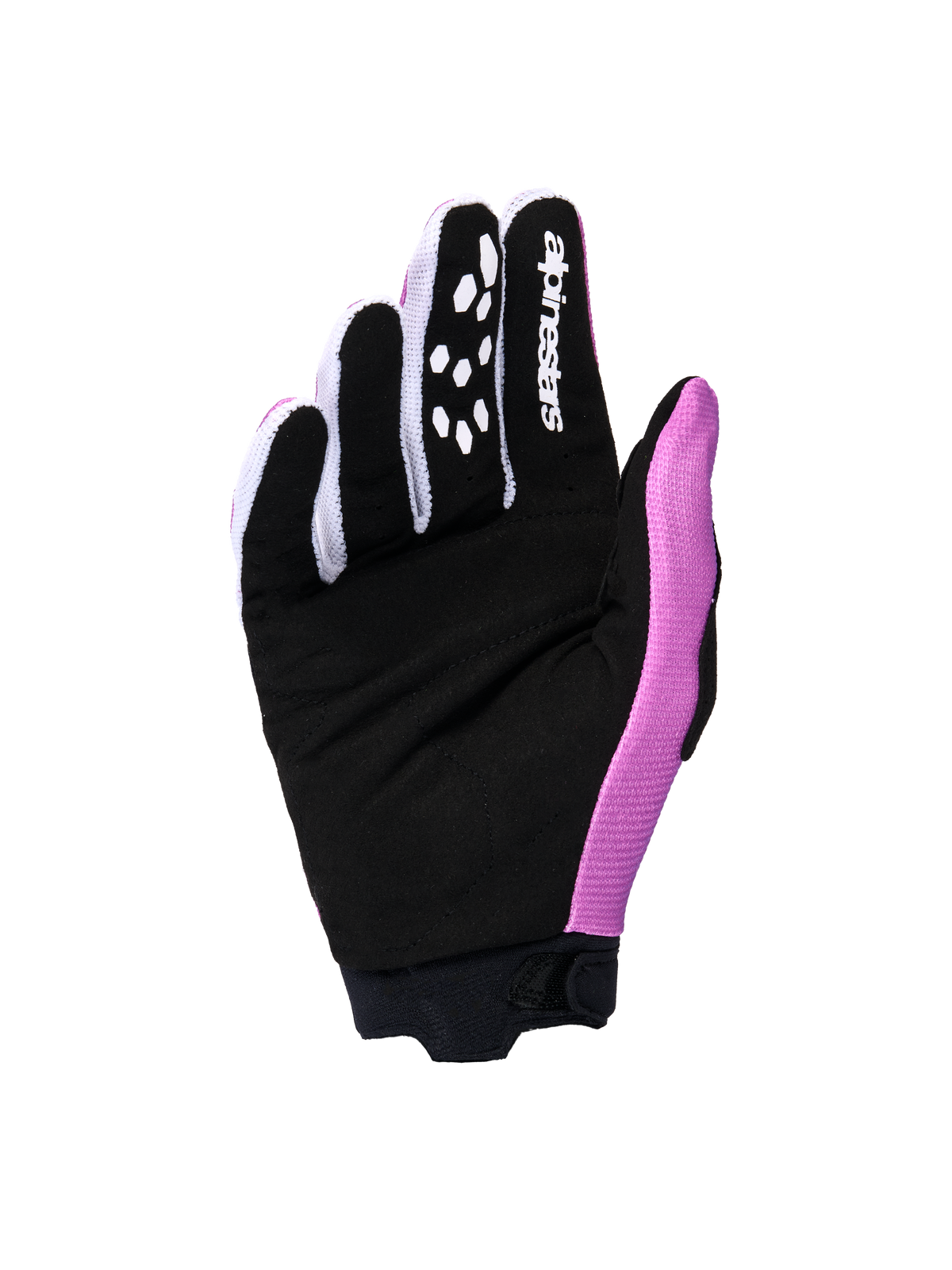 Alpinestars Stella Full Bore V2 2026, damskie rękawice motocrossowe, widok od strony dłoni w kolorystyce fioletowo-biało-czarnej, wzmocniona dłoń z czarnego syntetycznego zamszu, białe logo na palcu wskazującym i silikonowe wzory poprawiające chwyt
