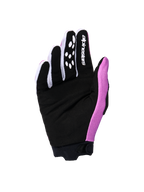 Alpinestars Stella Full Bore V2 2026, damskie rękawice motocrossowe, widok od strony dłoni w kolorystyce fioletowo-biało-czarnej, wzmocniona dłoń z czarnego syntetycznego zamszu, białe logo na palcu wskazującym i silikonowe wzory poprawiające chwyt