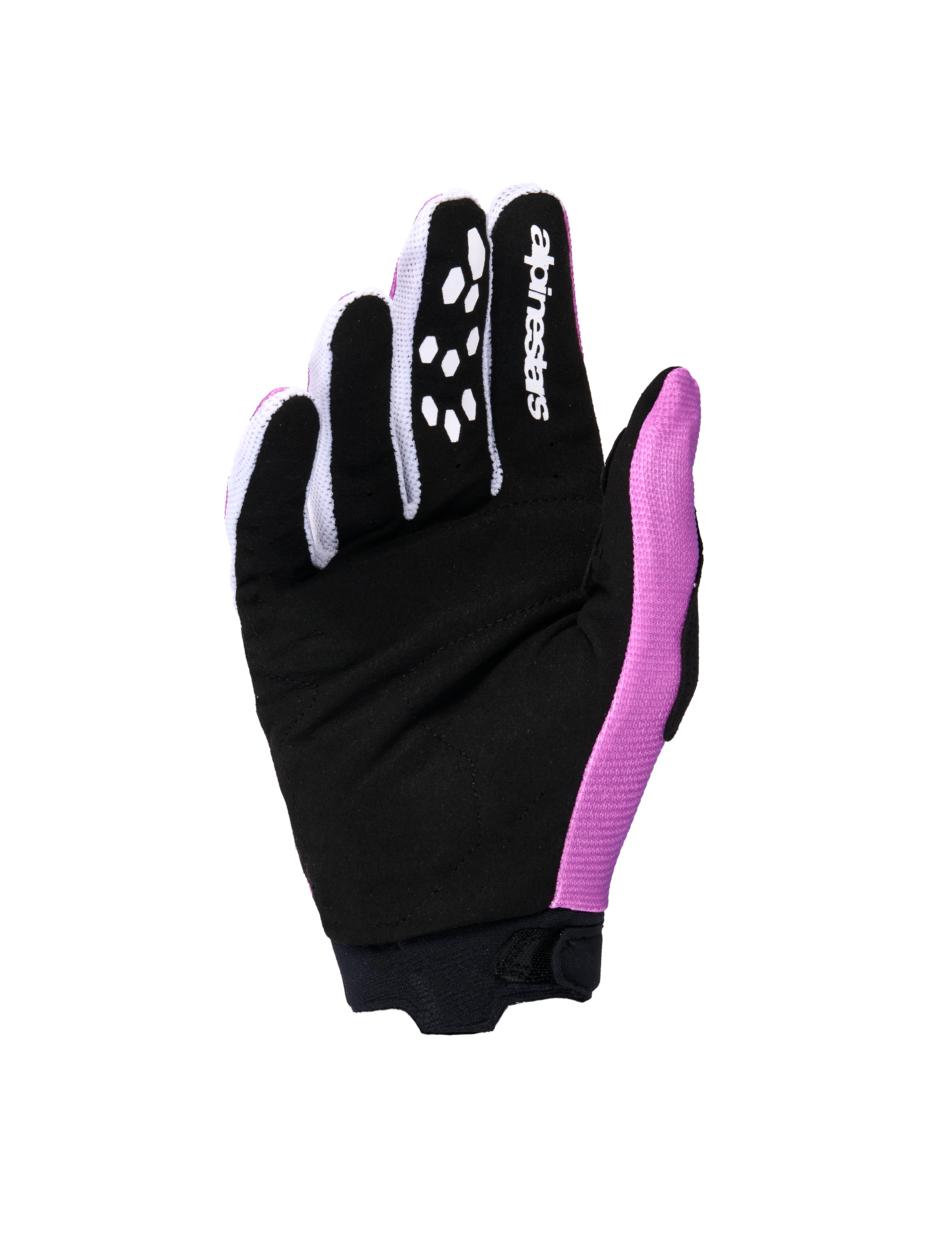 Alpinestars Stella Full Bore V2 2026, damskie rękawice motocrossowe, widok od strony dłoni w kolorystyce fioletowo-biało-czarnej, wzmocniona dłoń z czarnego syntetycznego zamszu, białe logo na palcu wskazującym i silikonowe wzory poprawiające chwyt