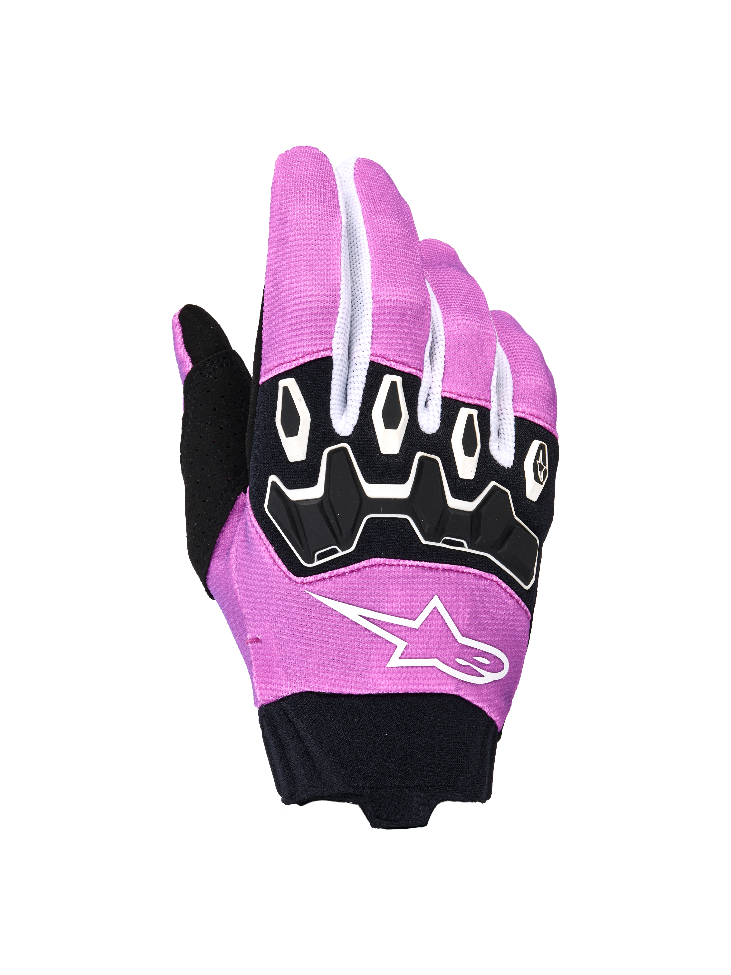 Alpinestars Stella Full Bore V2 Gloves, Women's Motocross Gloves, Violet White and Black, featuring ergonomic TPR knuckle protection, white Alpinestars star logo on violet stretch fabric, black neoprene cuff, off-road motorcycle racing gear