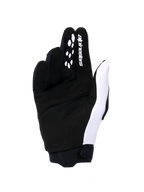Alpinestars 2026 Woman Stella Full Bore V2 Gloves, damskie rękawice motocrossowe, widok od strony dłoni w kolorze czarnym i białym, konstrukcja z syntetycznego zamszu, silikonowe wzory na palcach zapewniające kontrolę, białe logo, bezpieczny neoprenowy mankiet