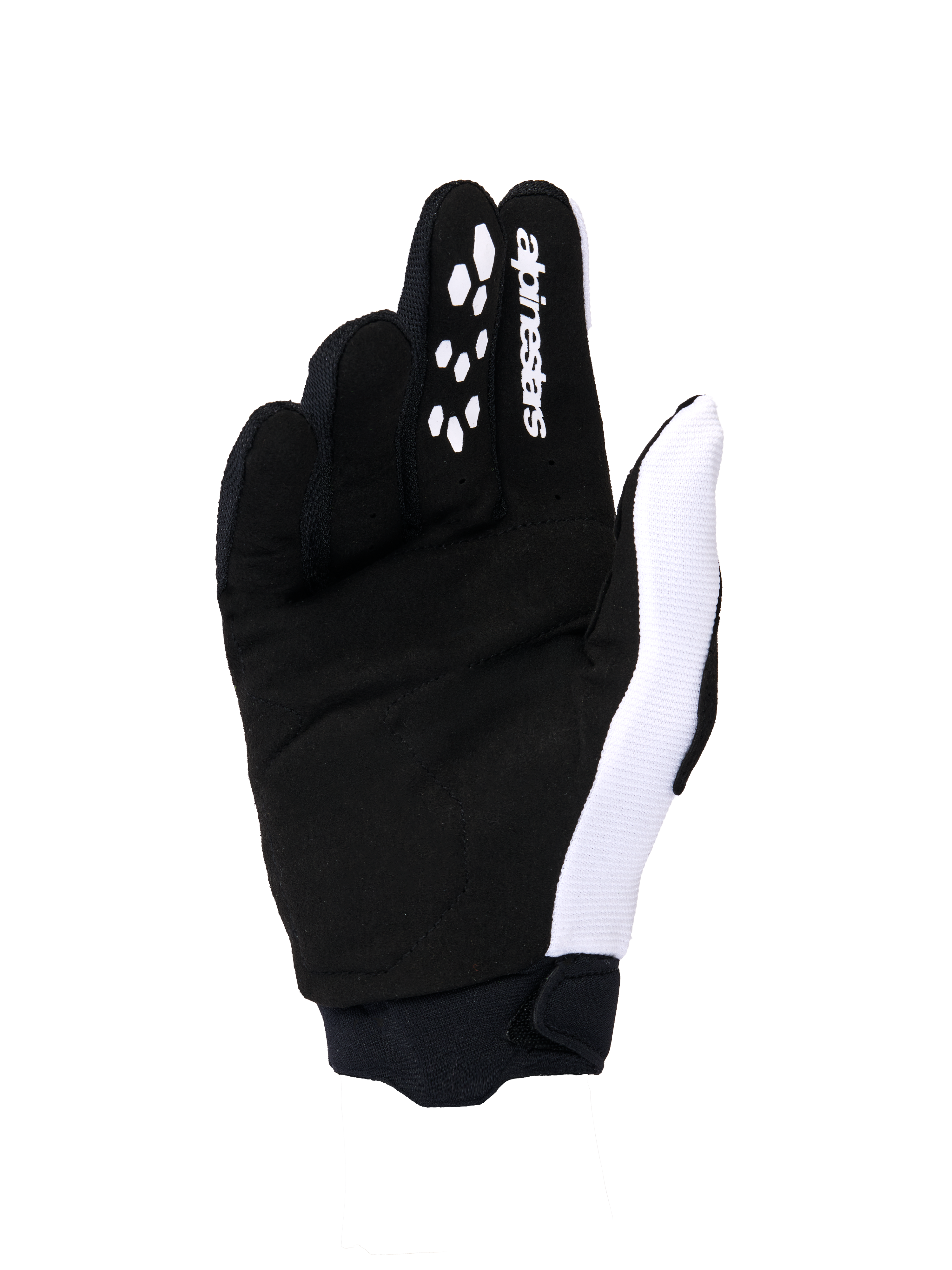 Alpinestars 2026 Woman Stella Full Bore V2 Gloves, damskie rękawice motocrossowe, widok od strony dłoni w kolorze czarnym i białym, konstrukcja z syntetycznego zamszu, silikonowe wzory na palcach zapewniające kontrolę, białe logo, bezpieczny neoprenowy mankiet