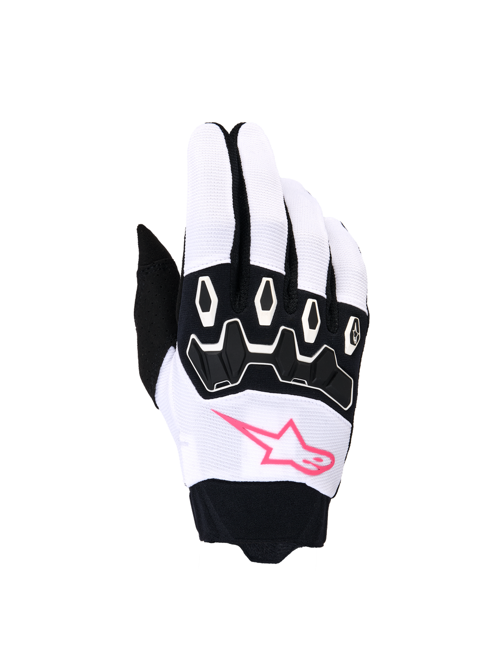 Rękawice Alpinestars Stella Full Bore V2, damskie rękawice motocrossowe, biało-czarne z różem fluo, różowe logo gwiazdy, czarne ochraniacze kostek TPR, oddychający elastyczny materiał do jazdy off-road