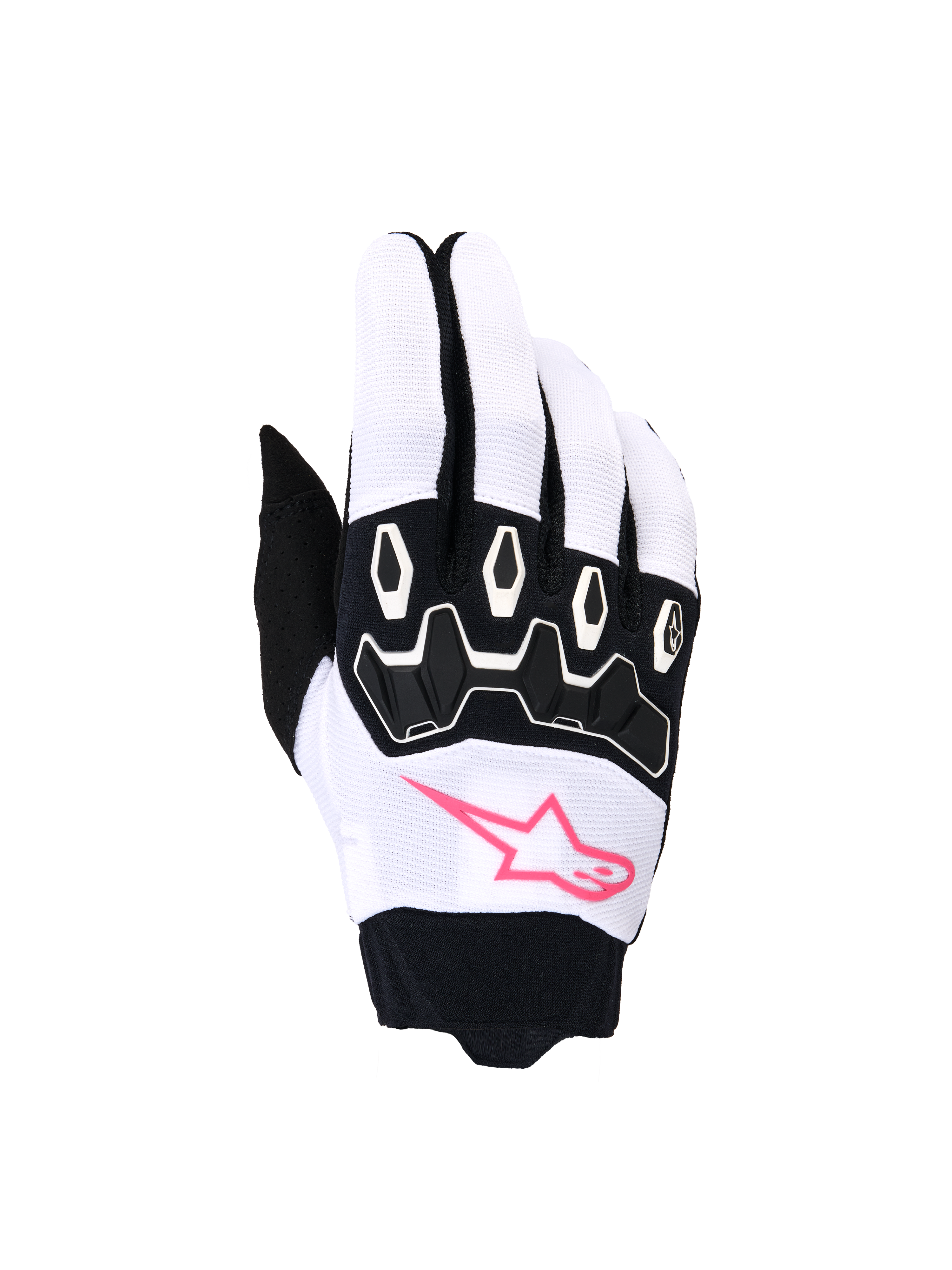 Rękawice Alpinestars Stella Full Bore V2, damskie rękawice motocrossowe, biało-czarne z różem fluo, różowe logo gwiazdy, czarne ochraniacze kostek TPR, oddychający elastyczny materiał do jazdy off-road