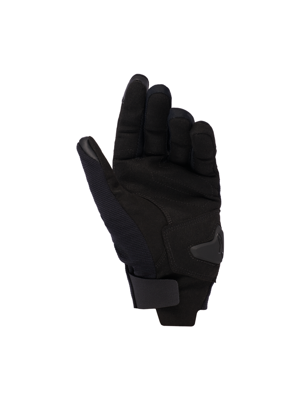 Rękawice damskie Alpinestars Reef V2, czarne, widok od strony dłoni przedstawiający materiał z syntetycznego zamszu, wyściełane wzmocnienie i pasek na rzep na nadgarstku, miejskie rękawice motocyklowe z krótkim mankietem
