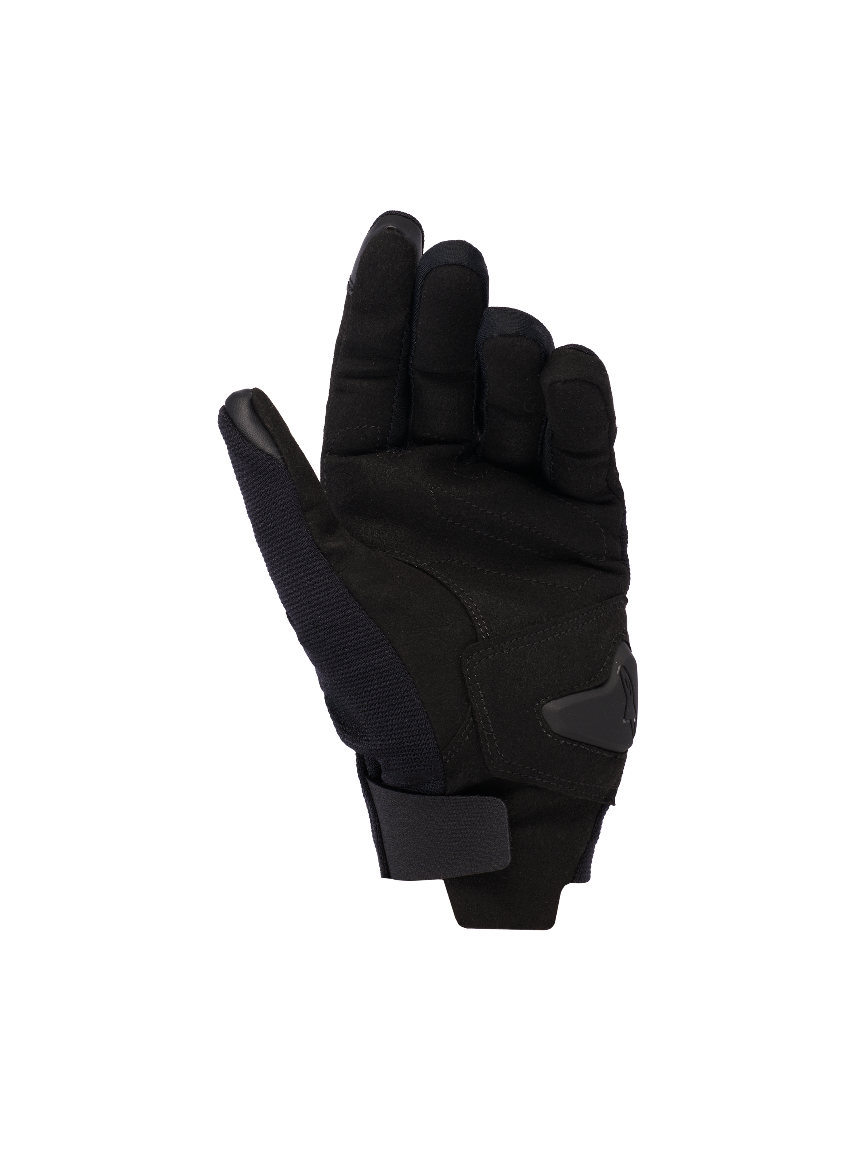 Rękawice damskie Alpinestars Reef V2, czarne, widok od strony dłoni przedstawiający materiał z syntetycznego zamszu, wyściełane wzmocnienie i pasek na rzep na nadgarstku, miejskie rękawice motocyklowe z krótkim mankietem