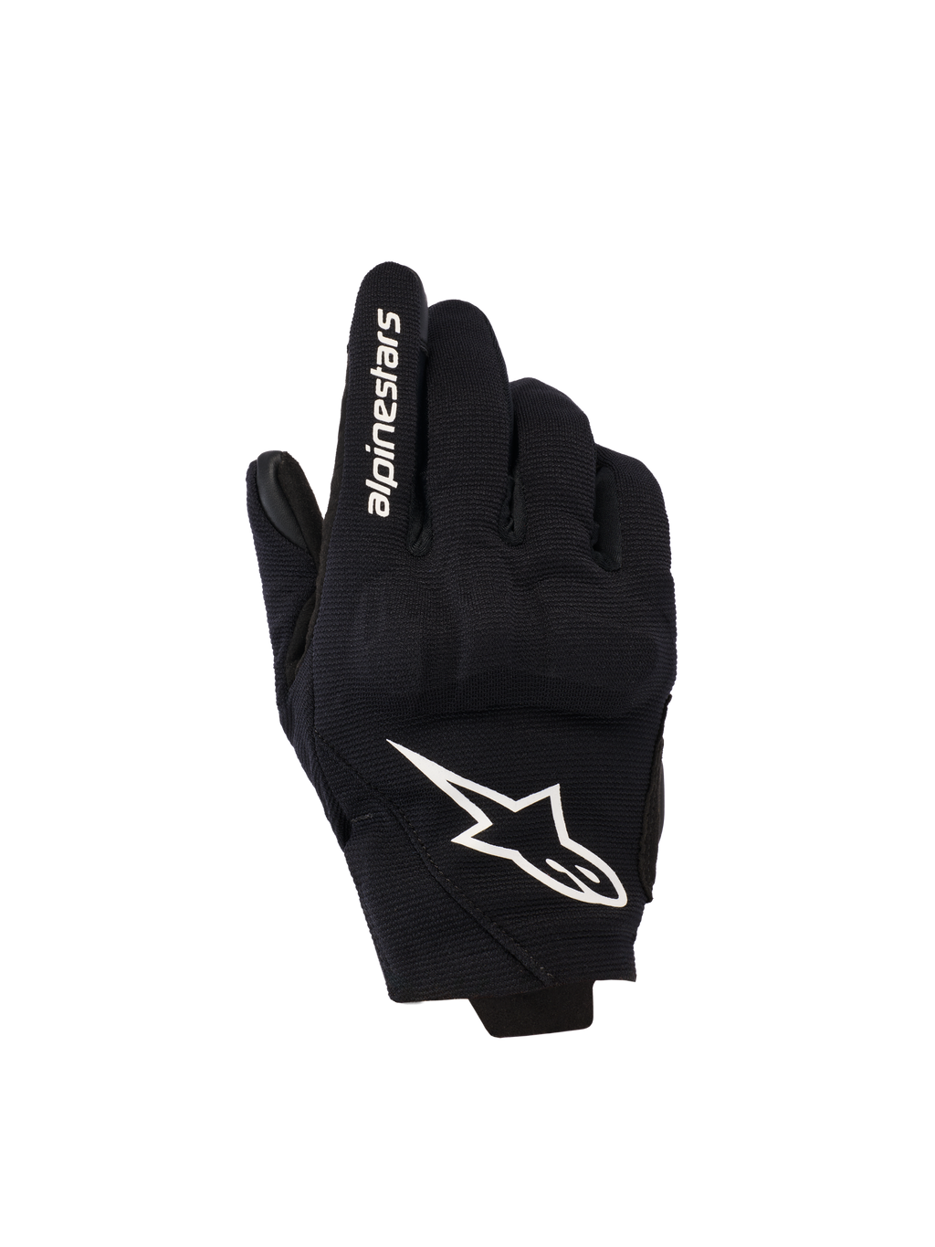 Alpinestars Reef Women's V2, damskie rękawice motocyklowe, czarno-białe, krótki mankiet, tekstylna konstrukcja z ochroną kostek 3D TPU, białe logo gwiazdy oraz napis na palcu wskazującym