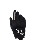 Alpinestars Reef Women's V2, damskie rękawice motocyklowe, czarno-białe, krótki mankiet, tekstylna konstrukcja z ochroną kostek 3D TPU, białe logo gwiazdy oraz napis na palcu wskazującym