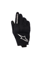Alpinestars Reef Women's V2, damskie rękawice motocyklowe, czarno-białe, krótki mankiet, tekstylna konstrukcja z ochroną kostek 3D TPU, białe logo gwiazdy oraz napis na palcu wskazującym