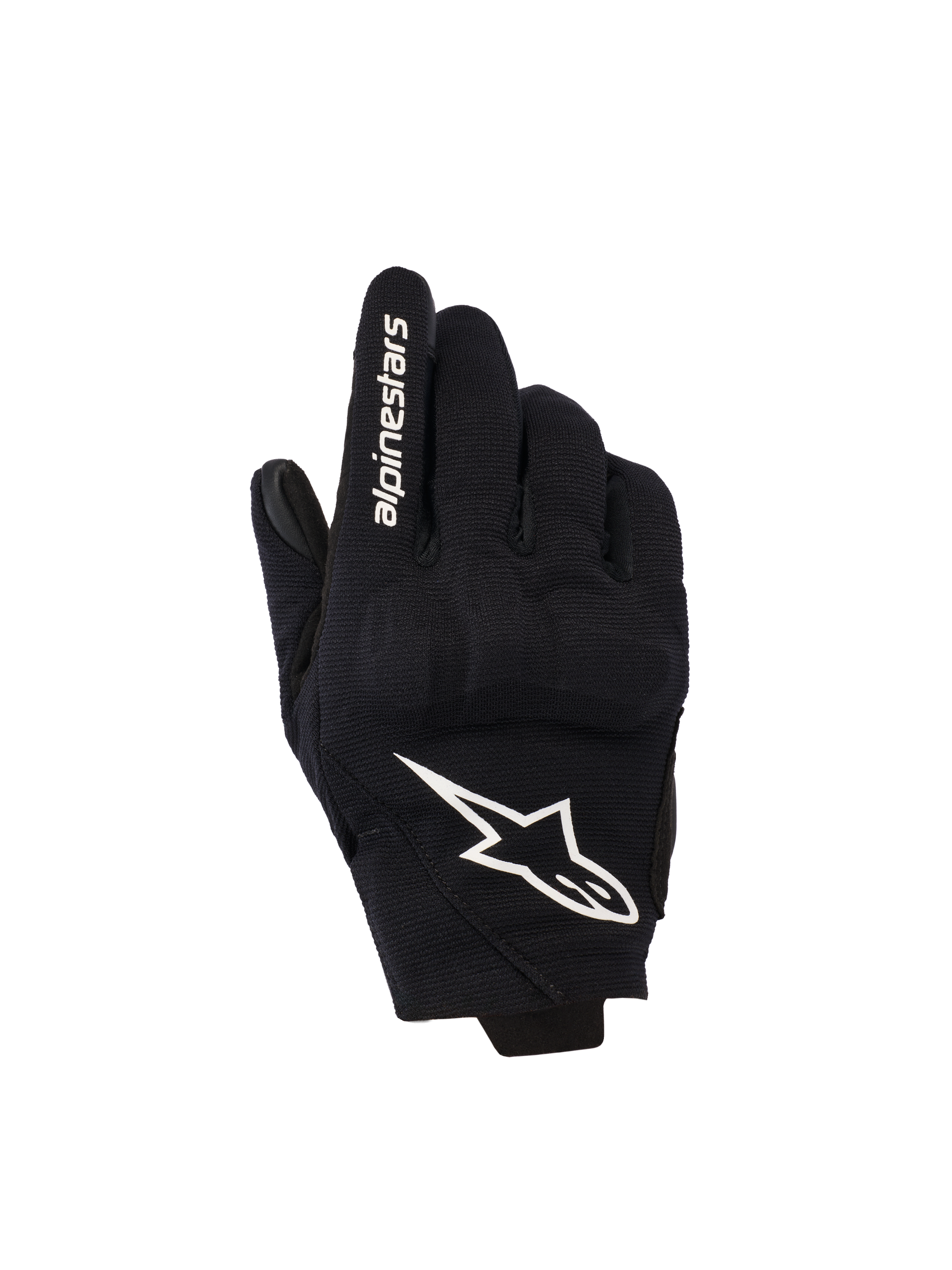Alpinestars Reef Women's V2, damskie rękawice motocyklowe, czarno-białe, krótki mankiet, tekstylna konstrukcja z ochroną kostek 3D TPU, białe logo gwiazdy oraz napis na palcu wskazującym